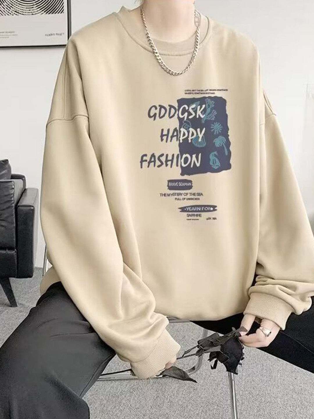 Men's Beige Typography Print Round Neck Sweatshirt