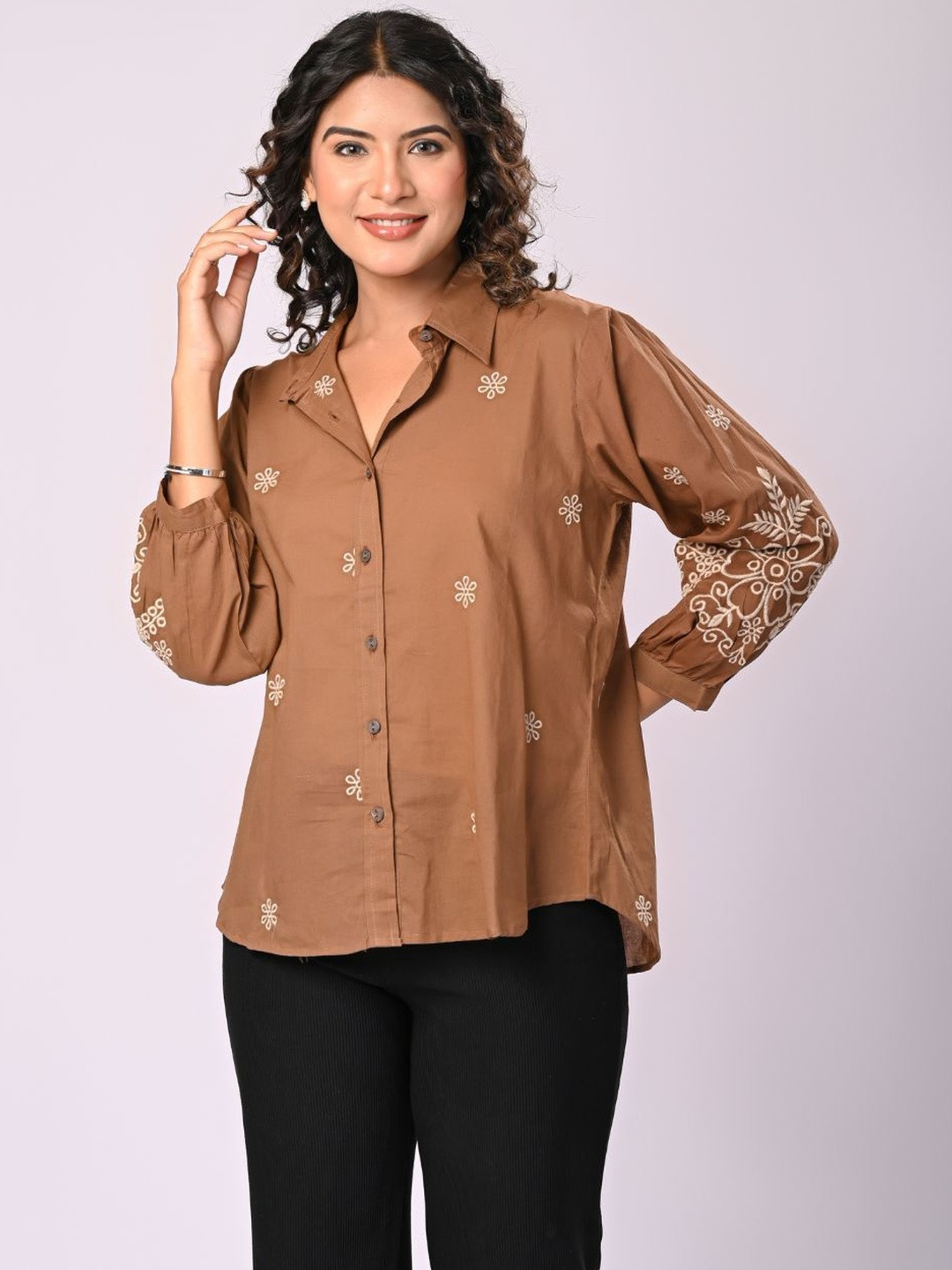 Zolo Label Brown Embroidered Cotton Shirt