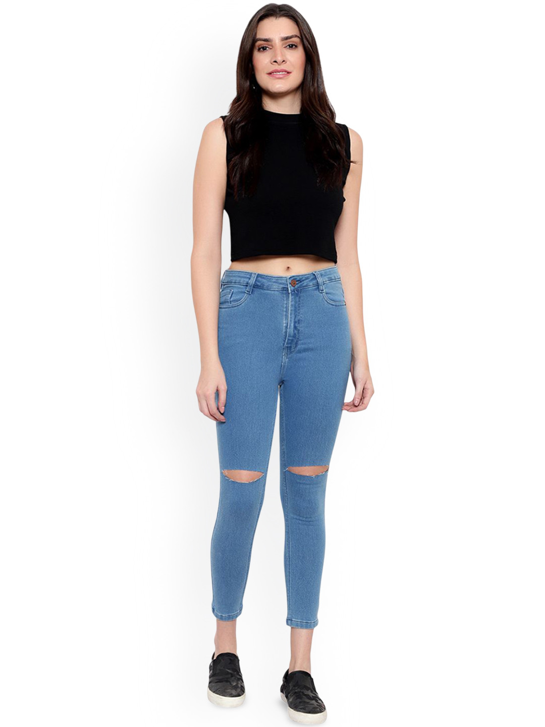 God's Club Women Comfort Straight Fit Mid-Rise Slash Knee Cropped Jeans