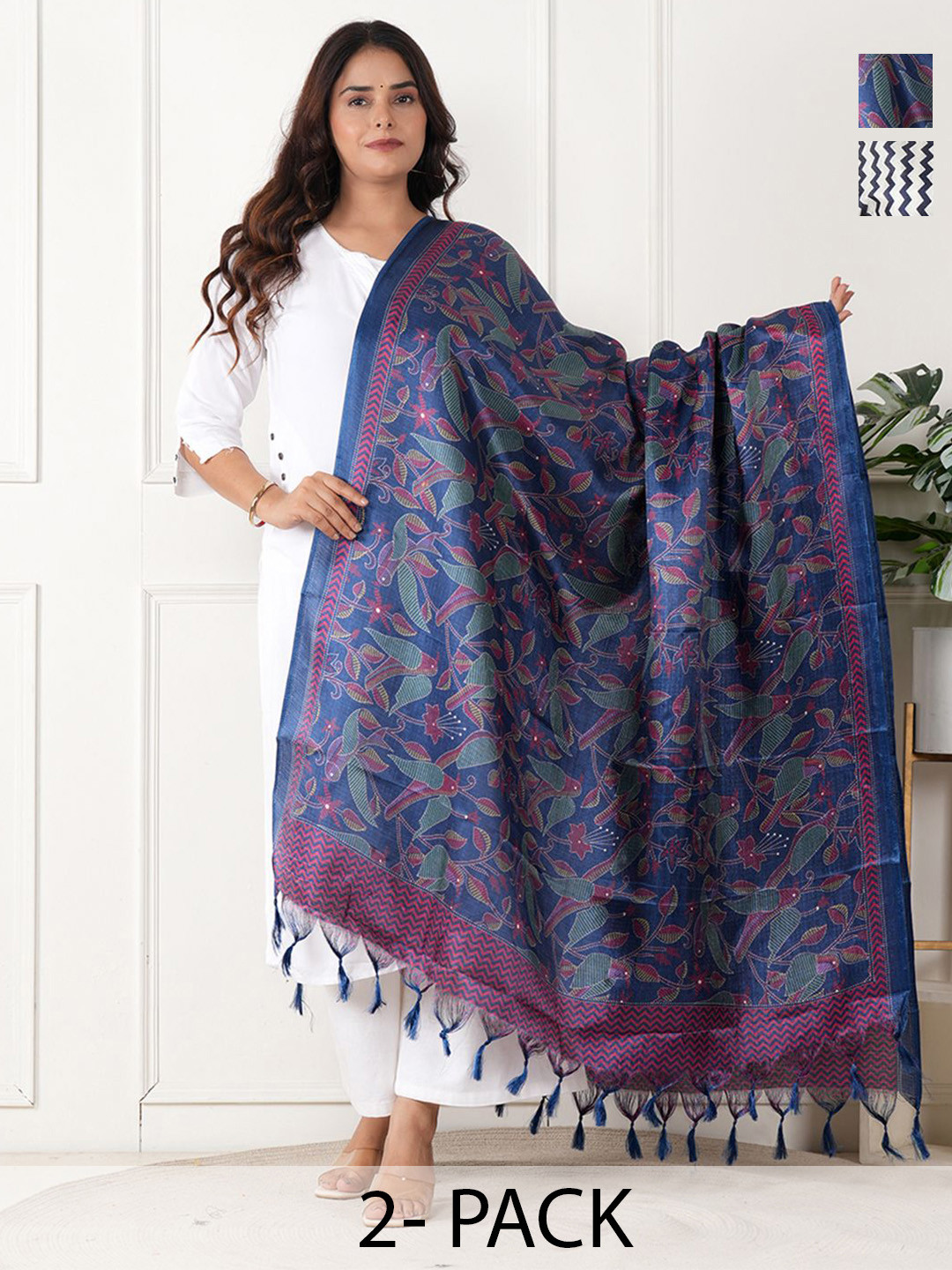 URBAN KANYA Selection Of 2 Birds Printed Pure Silk Dupattas