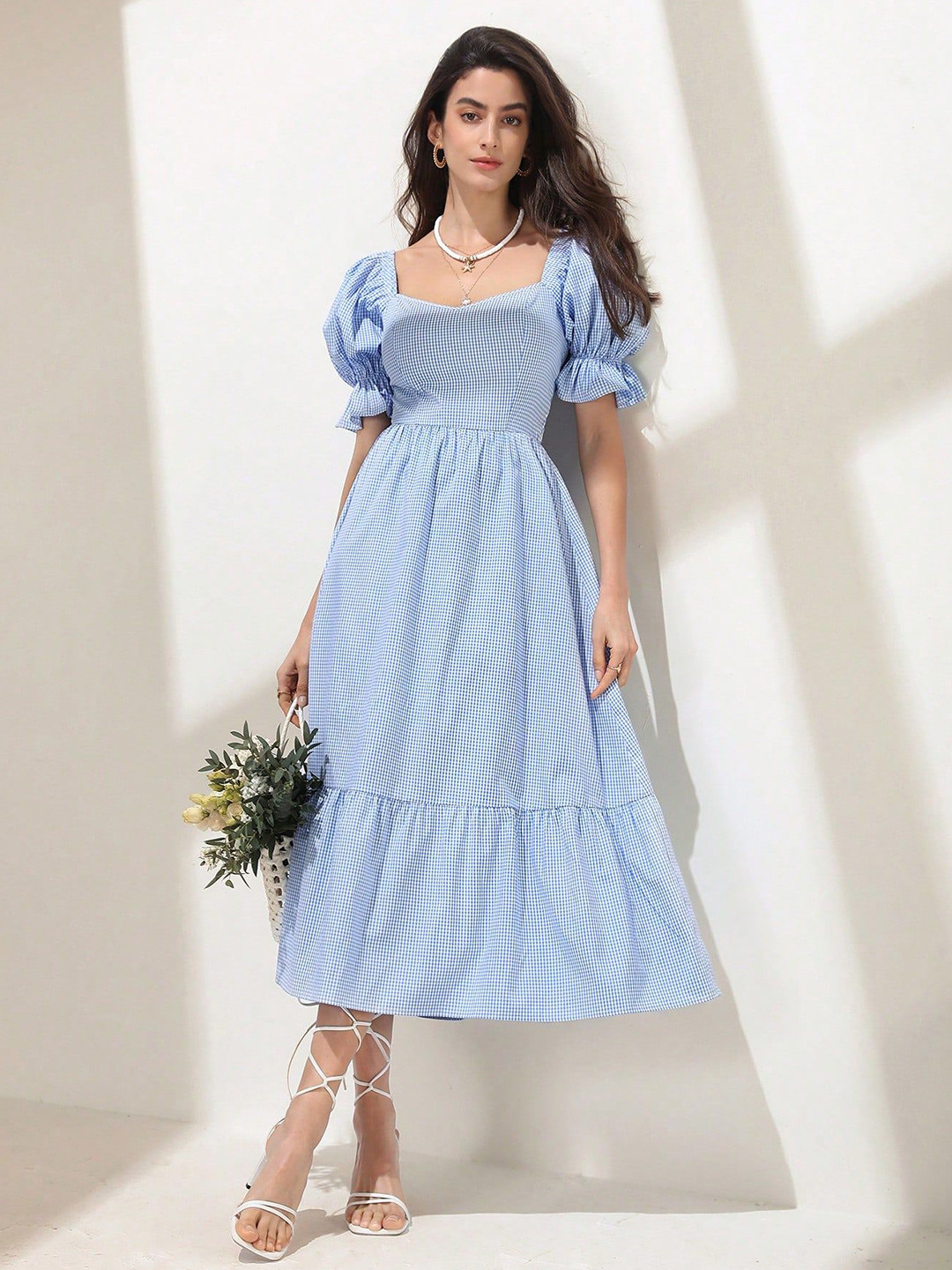 De La Moda Checked Square Neck Puff Sleeve Fit & Flare Midi Dress