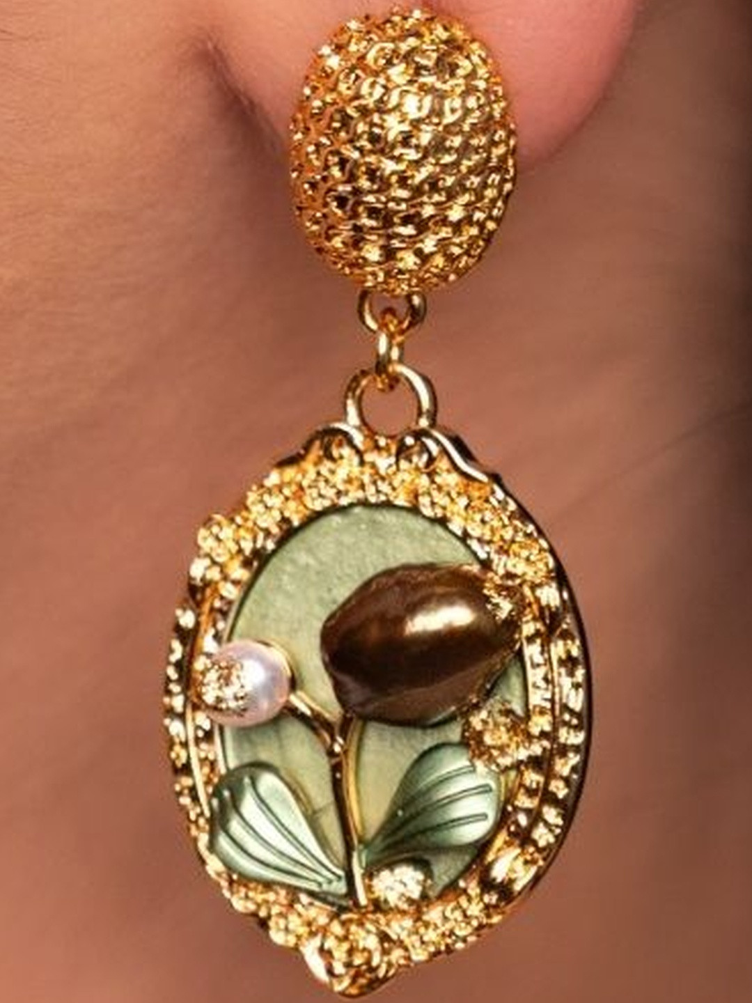 THE OPAL JEWELS Gold-Plated Sea Pearls Studded Oval Shaped Drop Earrings