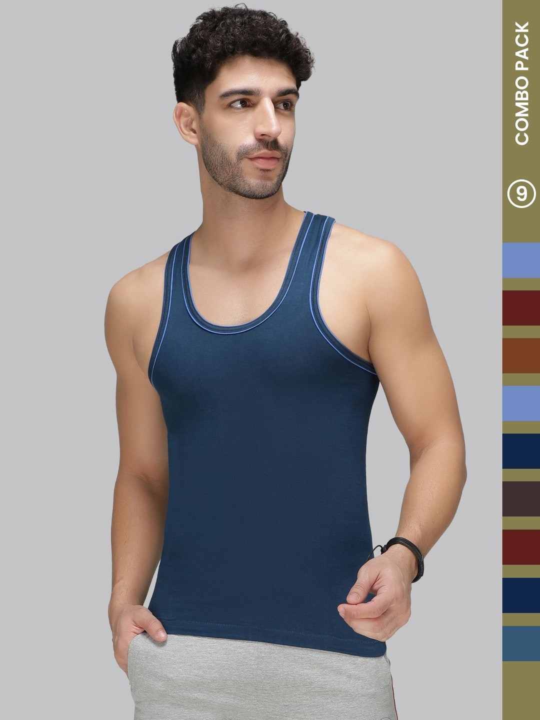Amul Comfy Men Pack of 9 Plain Cotton Double Fold Innerwear Vests