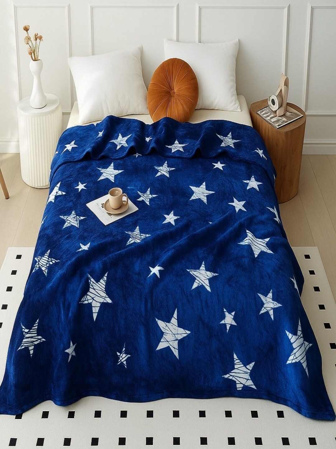 Threadwear Blue & White Geometric Printed Woollen 350 GSM Blanket- 2.40 x 2.20 m