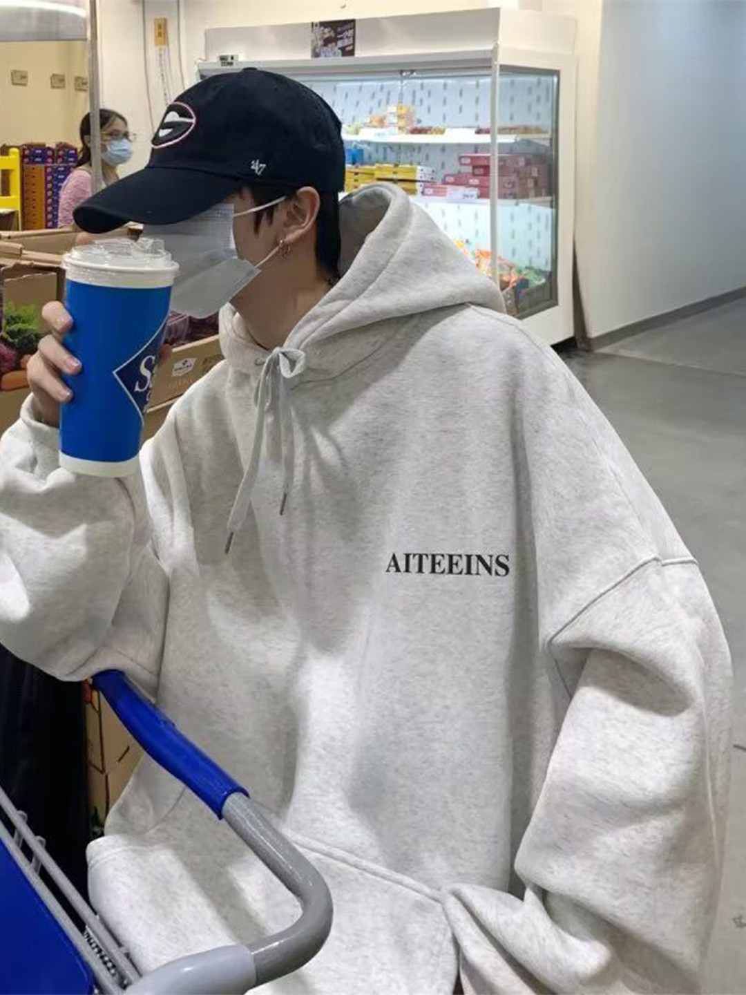 AITEINS Grey Typographic Hooded Sweatshirt