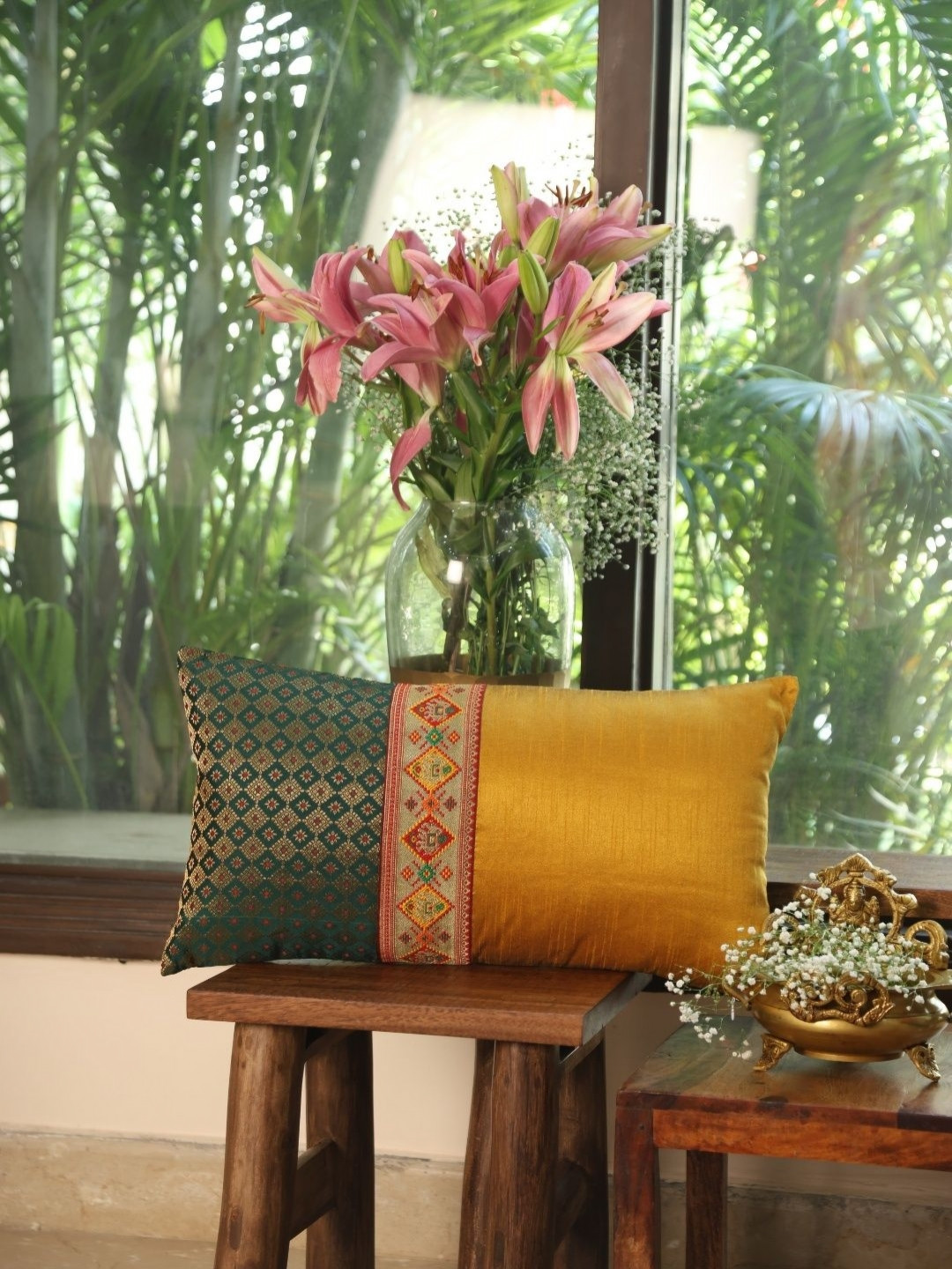 Revive Home Gold-Toned & Green Floral Printed Rectangle Cushion Cover