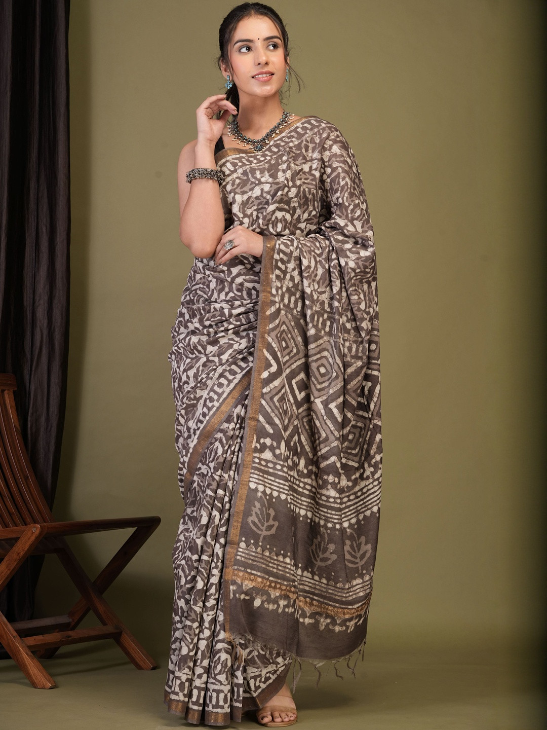 ANUTTARA Ajrak Block Printed Handloom Bhagalpuri Saree