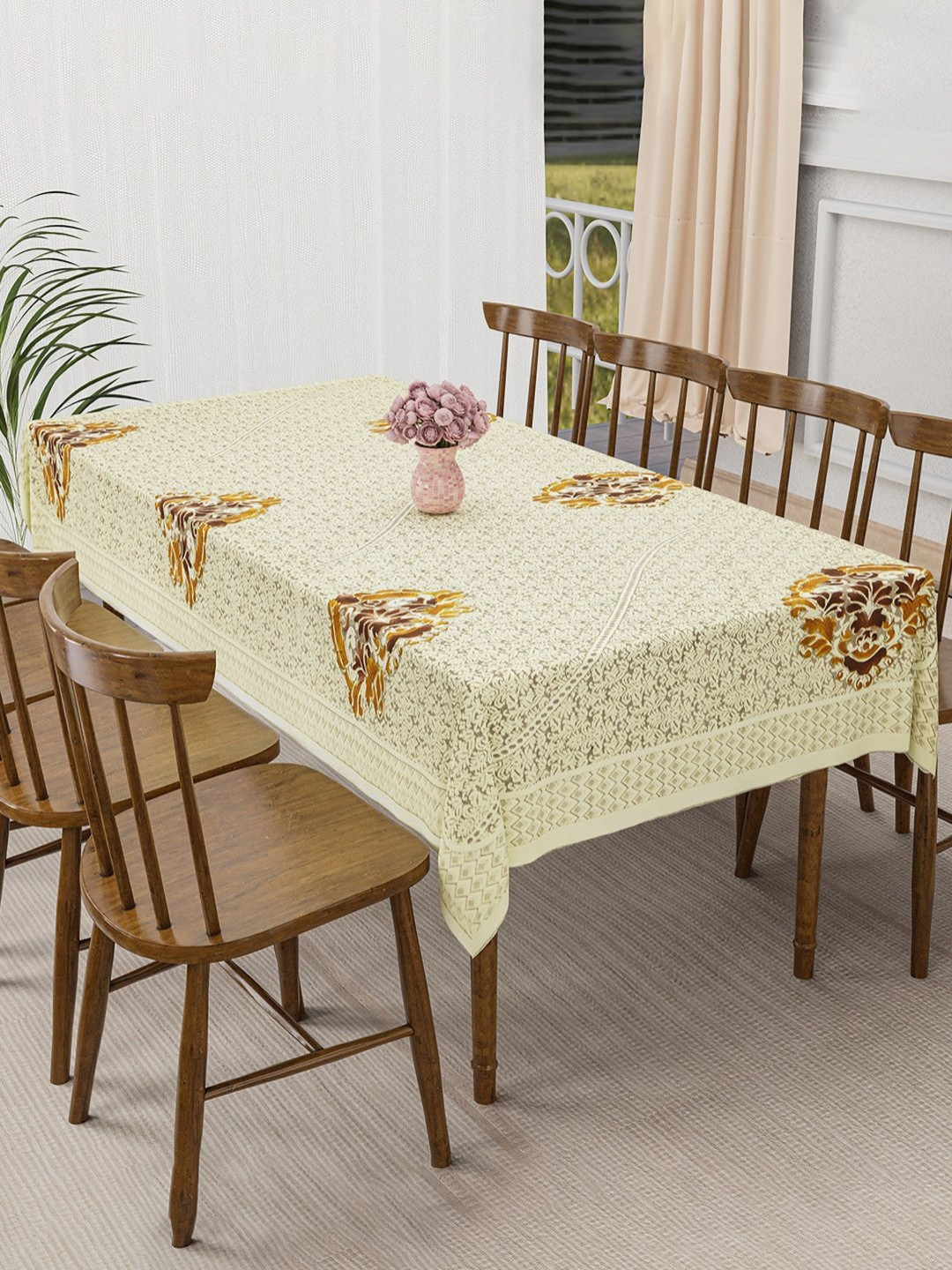 HOMESTIC Cream-Coloured Floral Anti-Skid Cotton 6-Seater Table Cover