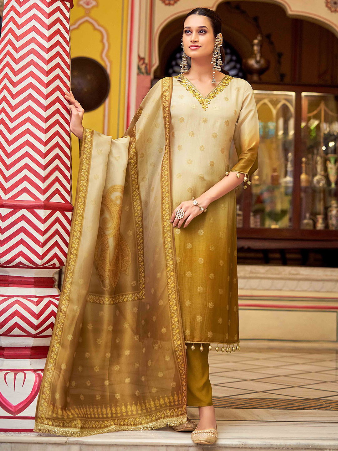 House of Pataudi Women Ethnic Motifs Woven Mirror Work Ombre Kurta with Trousers & Dupatta
