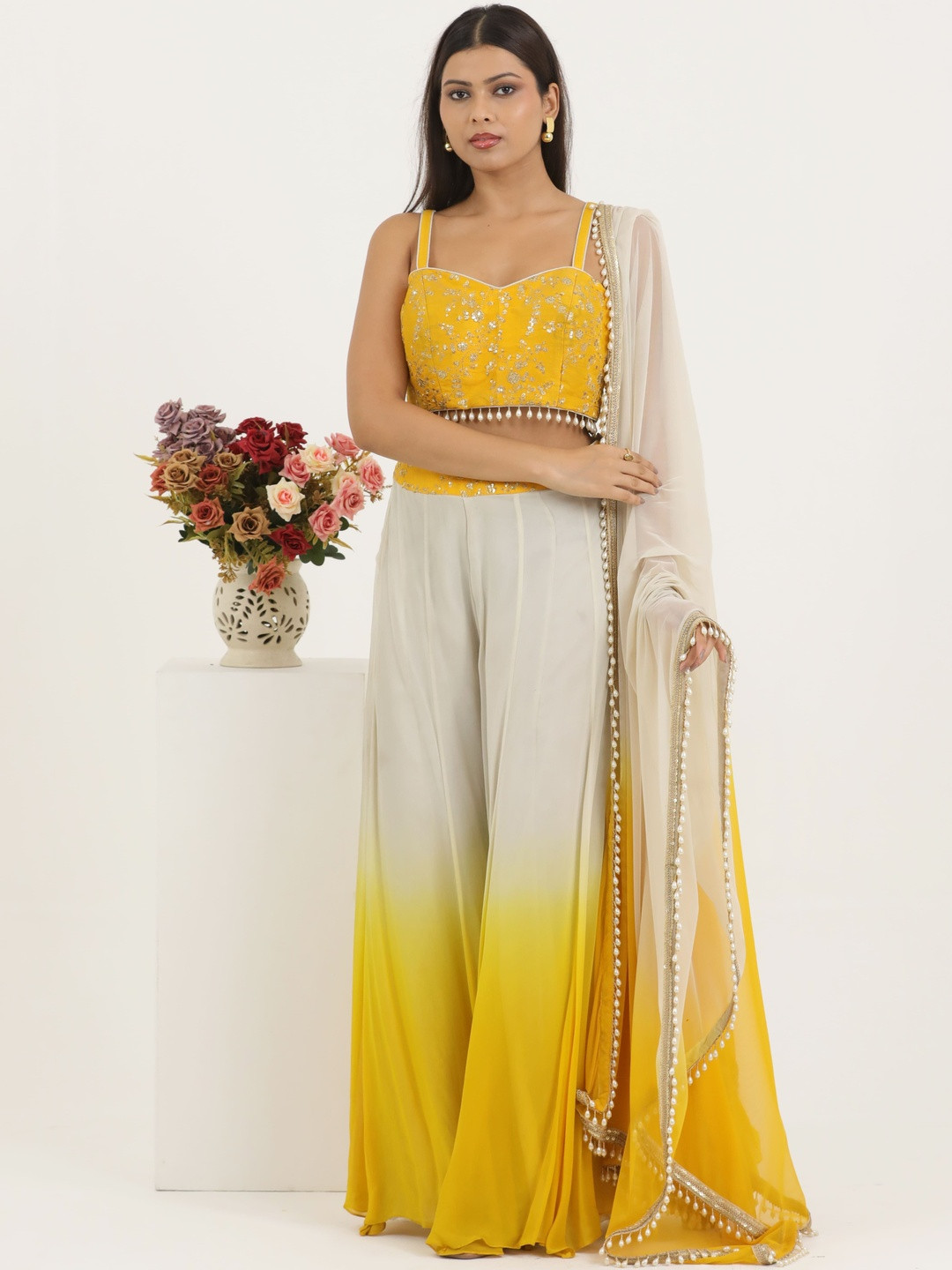 PUSHP PARIDHAN Floral Embroidered Kurta With Garara & Dupatta