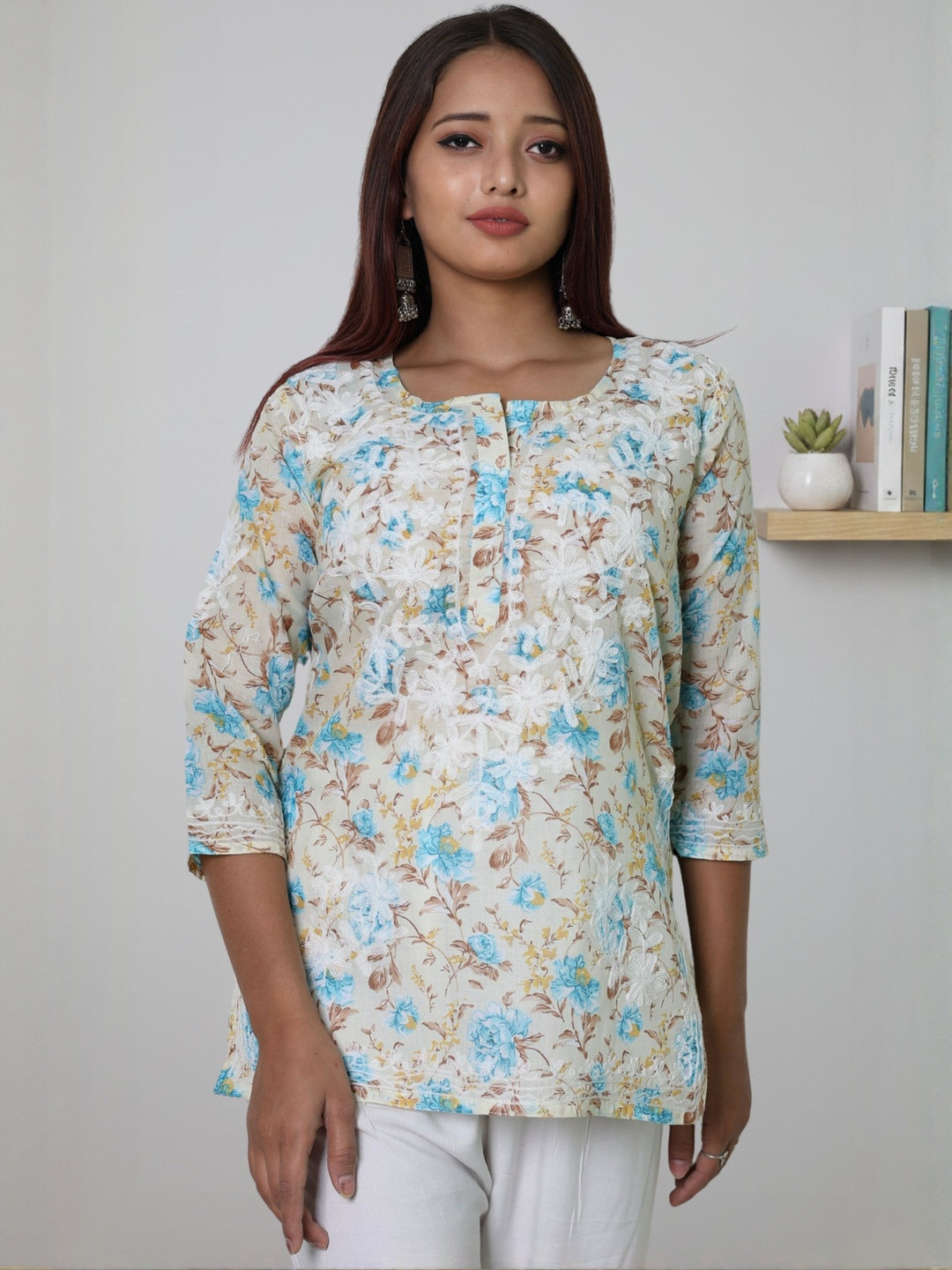 myplusfashion Women Printed Chikankari Embroidered Tunic