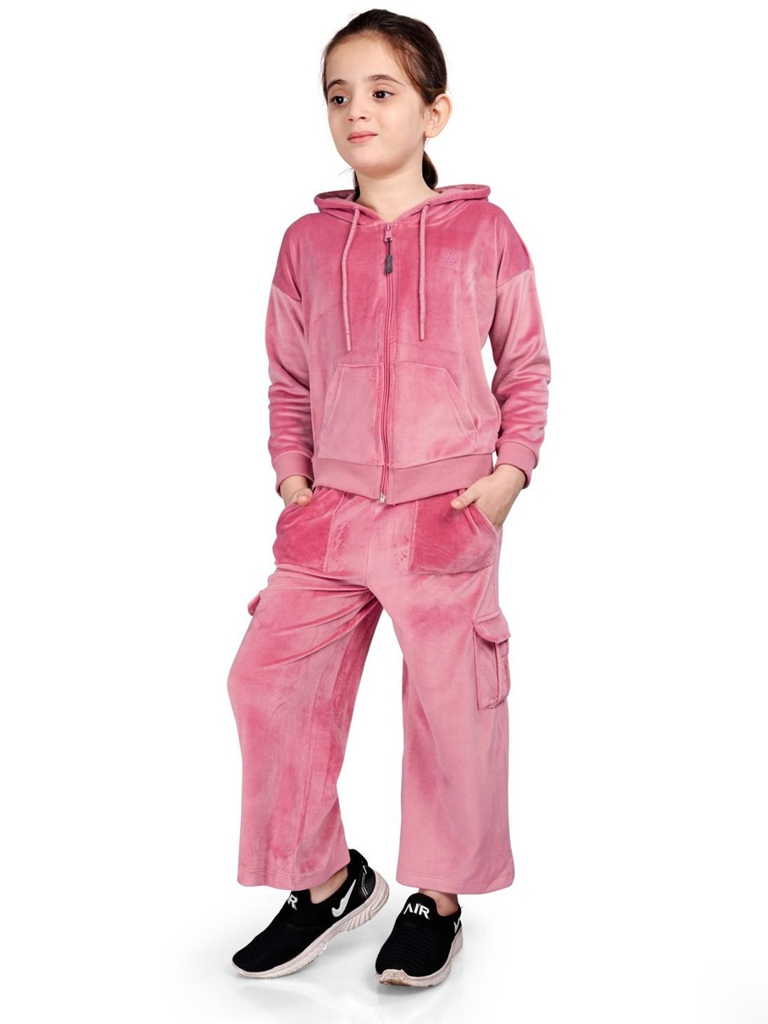 Girls Velour Zip-up Hoodie Sweatshirt and Wide Leg Cargo Pant Set