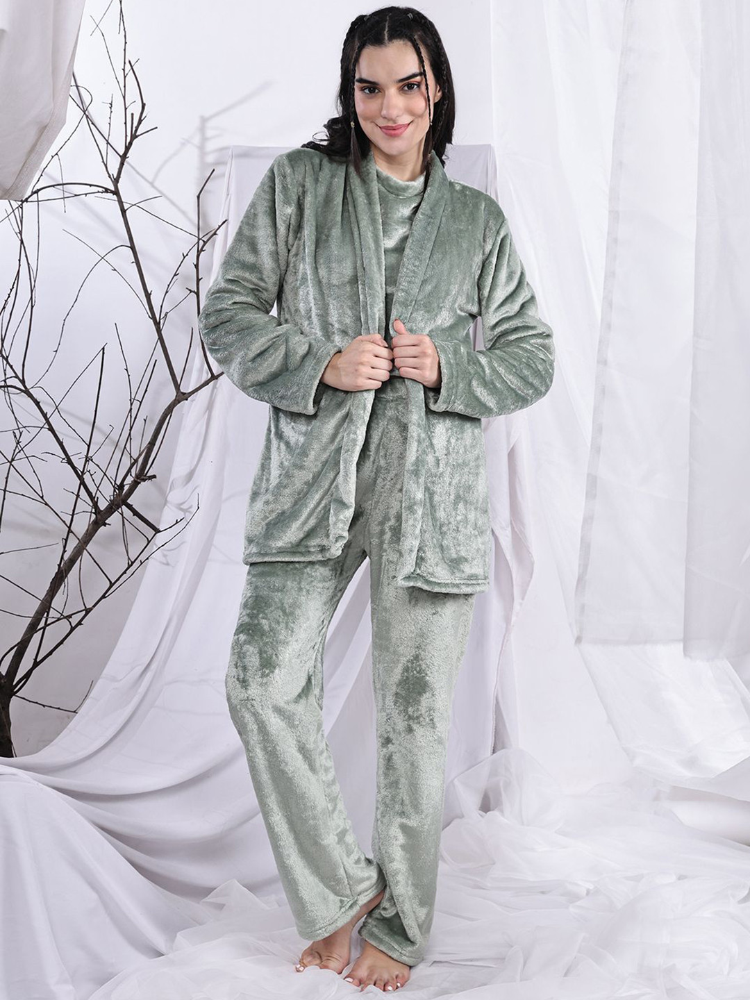 ETC Women Solid Round Neck Slip-On Fleece Crop Top & Shrug With Pyjamas Night Suit