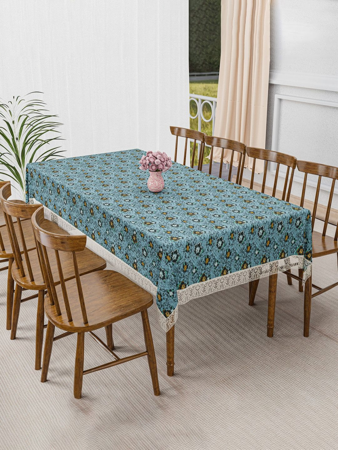 HOMESTIC Grey Floral Anti-Skid Plastic 6-Seater Table Cover