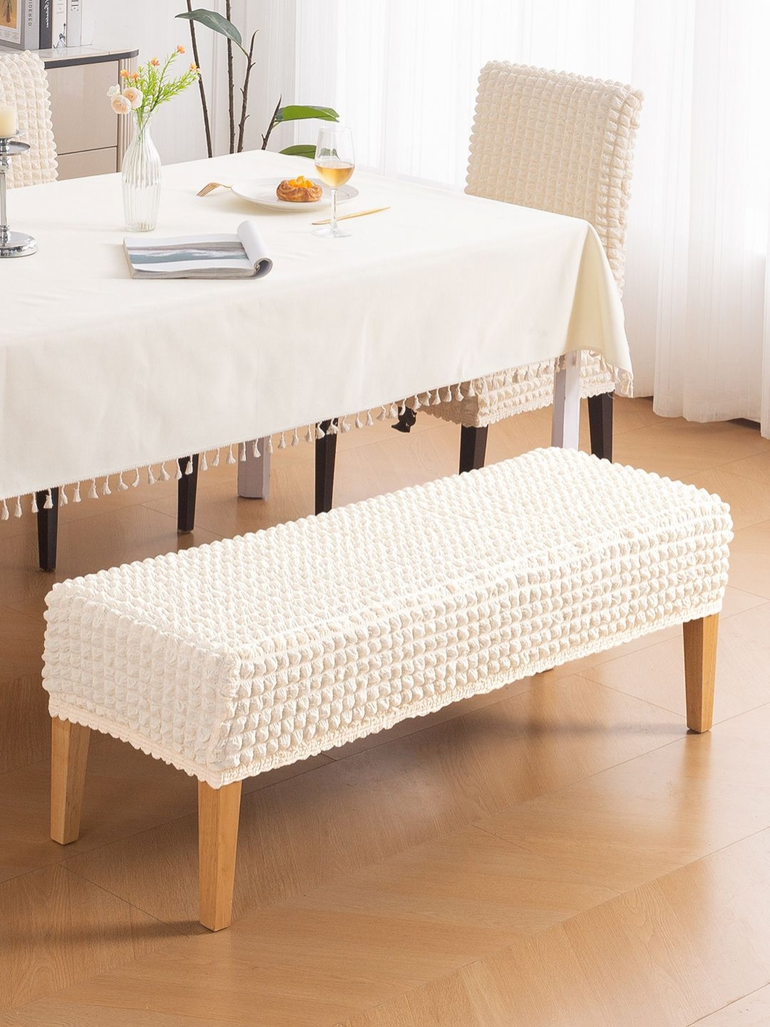 HOKIPO Aria Nova Light Cream 280 GSM Stretchable Bubble Medium Dining Bench Cover