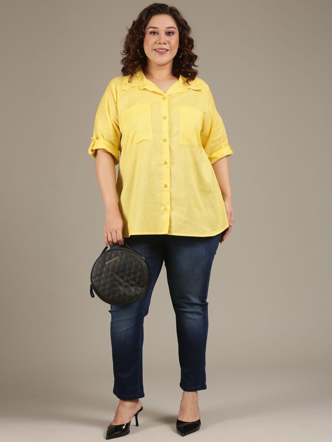 The Pink Moon Women Plus Size Solid Spread Collar Linen Casual Shirt