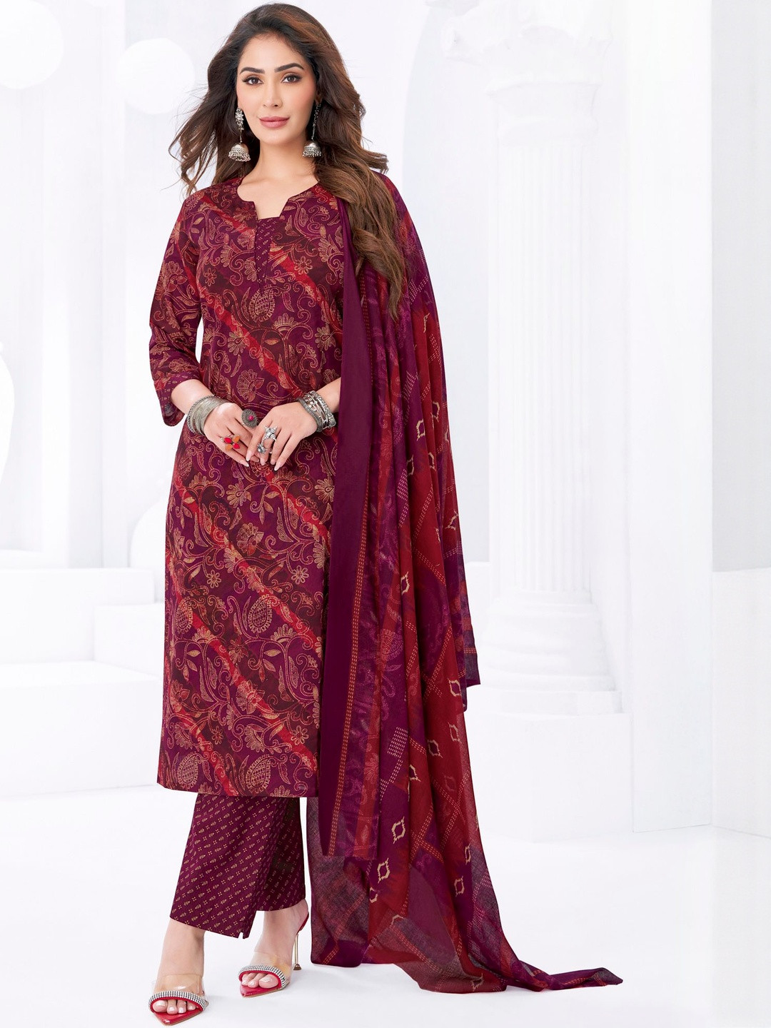 Larqi Floral Printed Notch Neck Pure Cotton Straight Kurta With Trousers & Dupatta