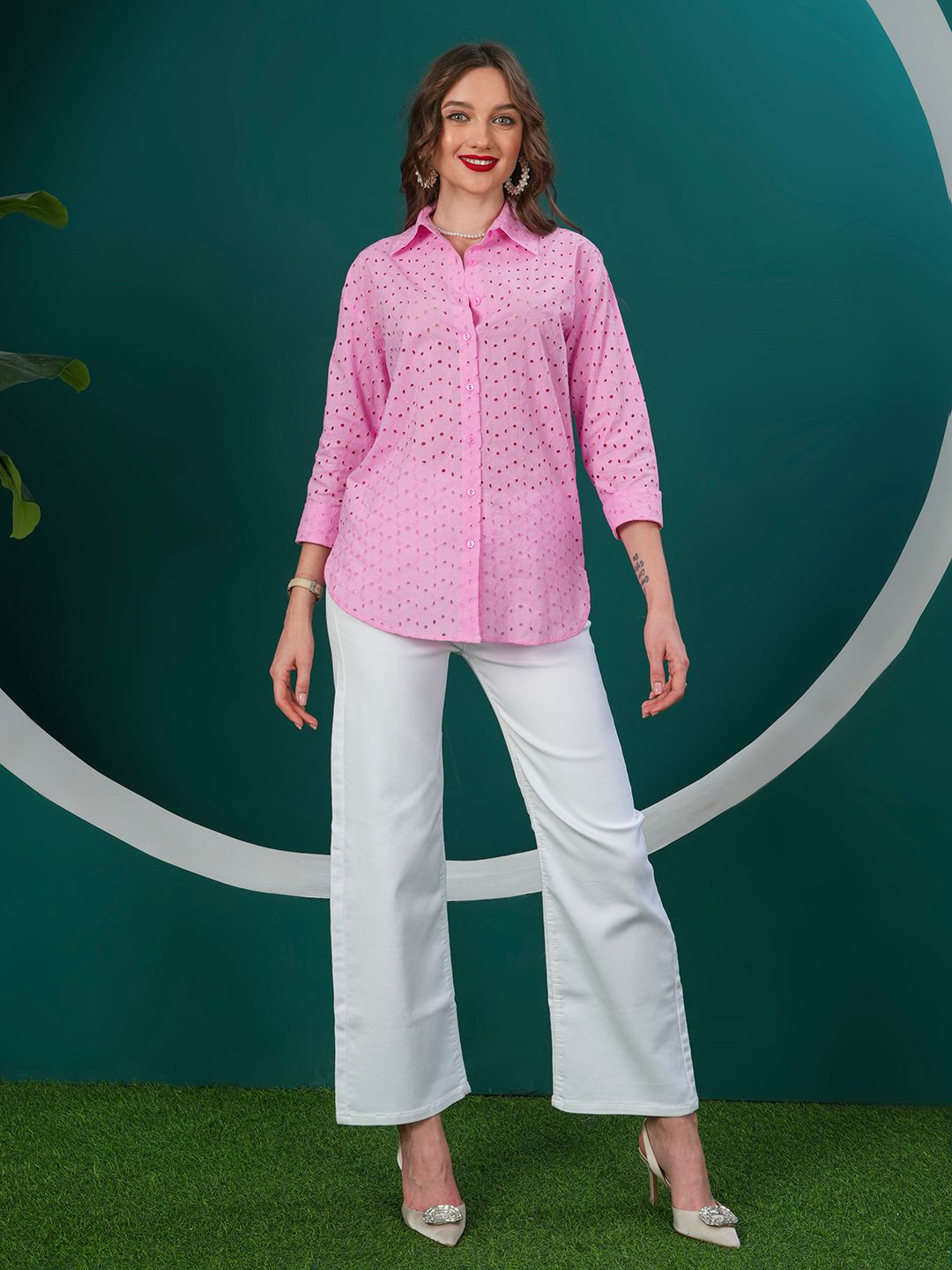 DEBONATELLA Premium Textured Spread Collar Semi Sheer Cotton Shirt