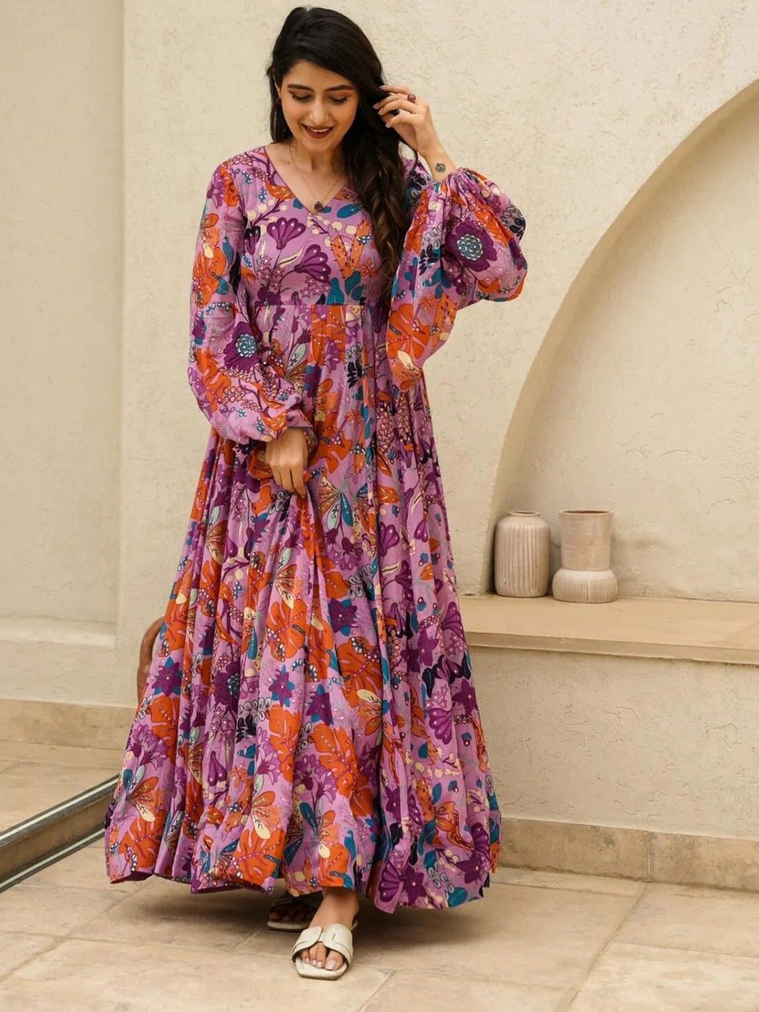 GLOSIA DESIGN Women Floral Printed Puff Sleeves Maxi Dress