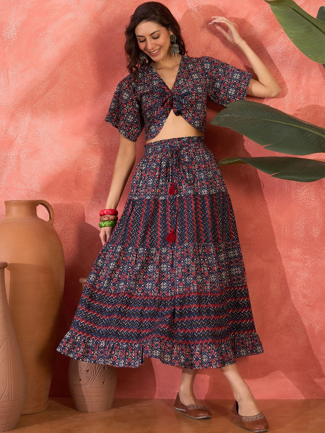 Sangria Women Printed Viscose Rayon Crop Top & Skirt Co-Ord Set