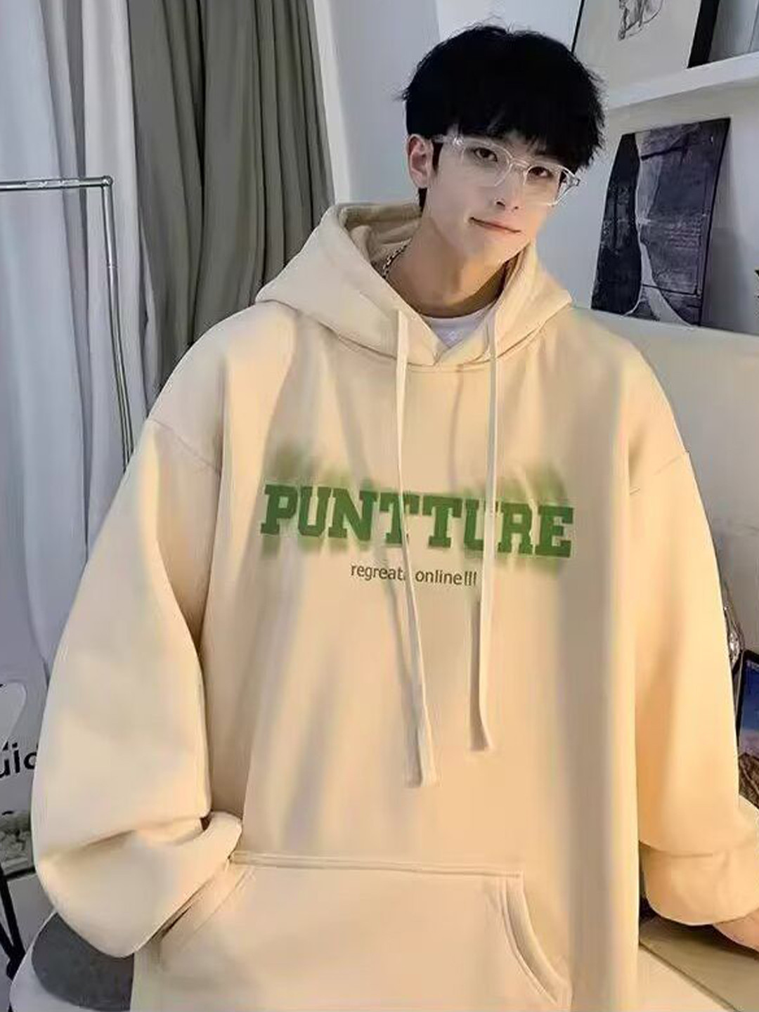 Men's Beige Typography Hooded Sweatshirt