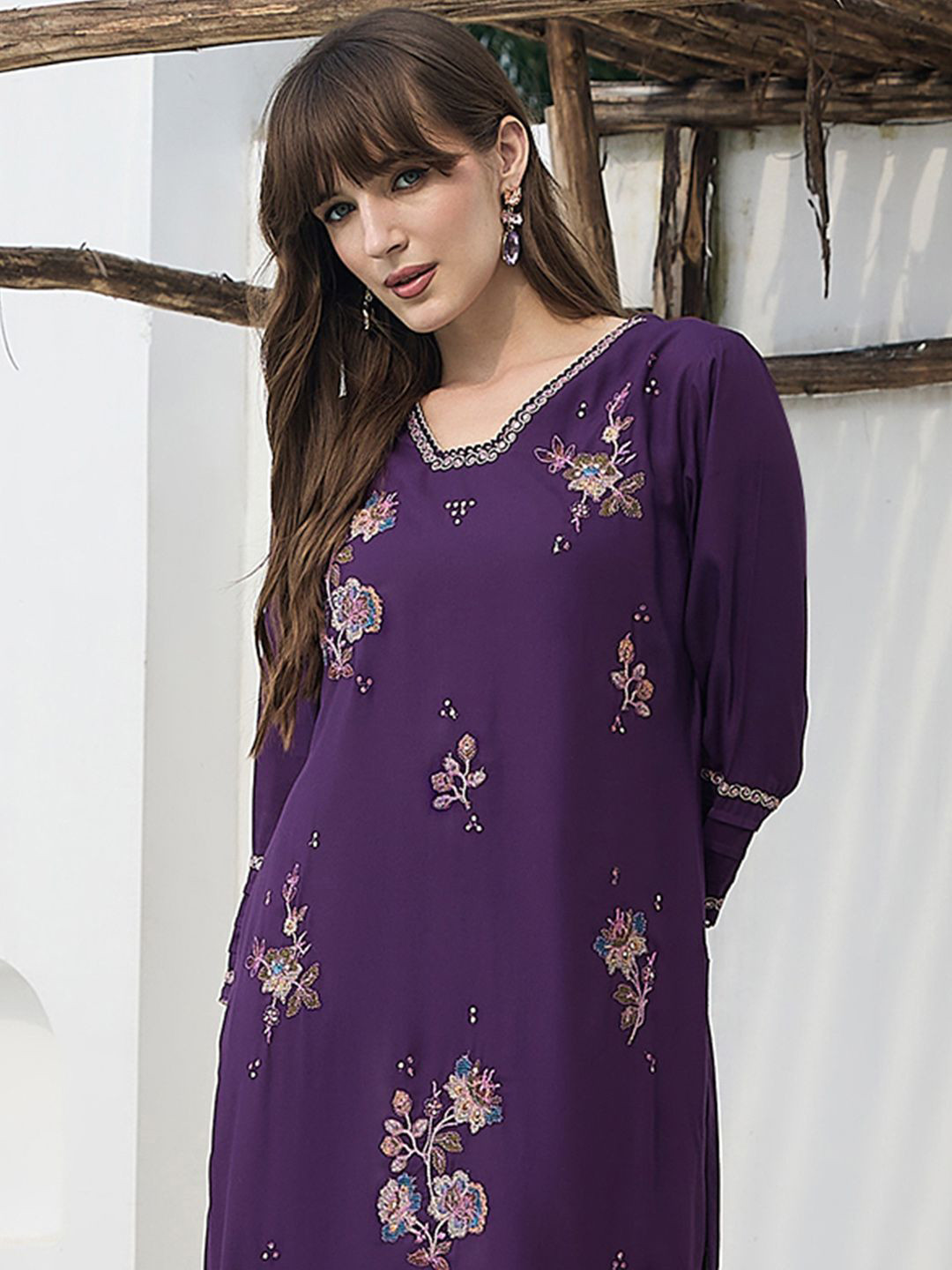 Indo Era Floral Embroidered V-Neck Tunic With Trousers