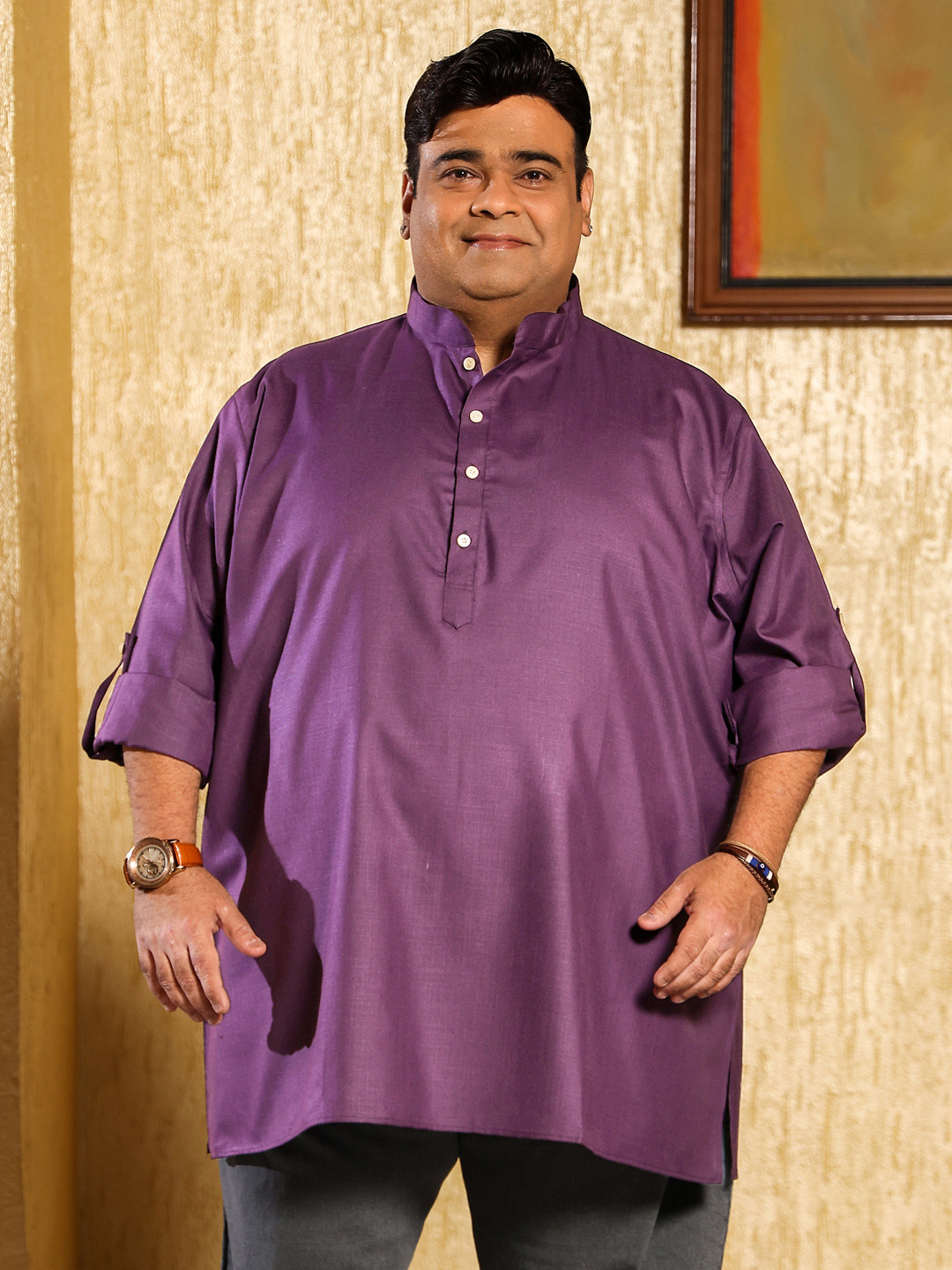 bigbanana Mandarin Collar Roll Solid Straight Plus Size Short Kurta