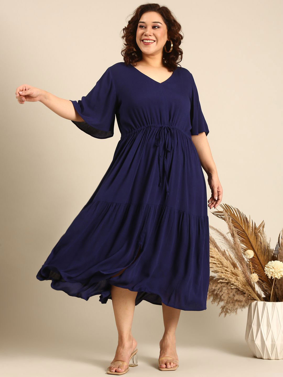 The Pink Moon Navy  Blue Bell Sleeve Fit & Flare Maxi Dress With Waist Tie