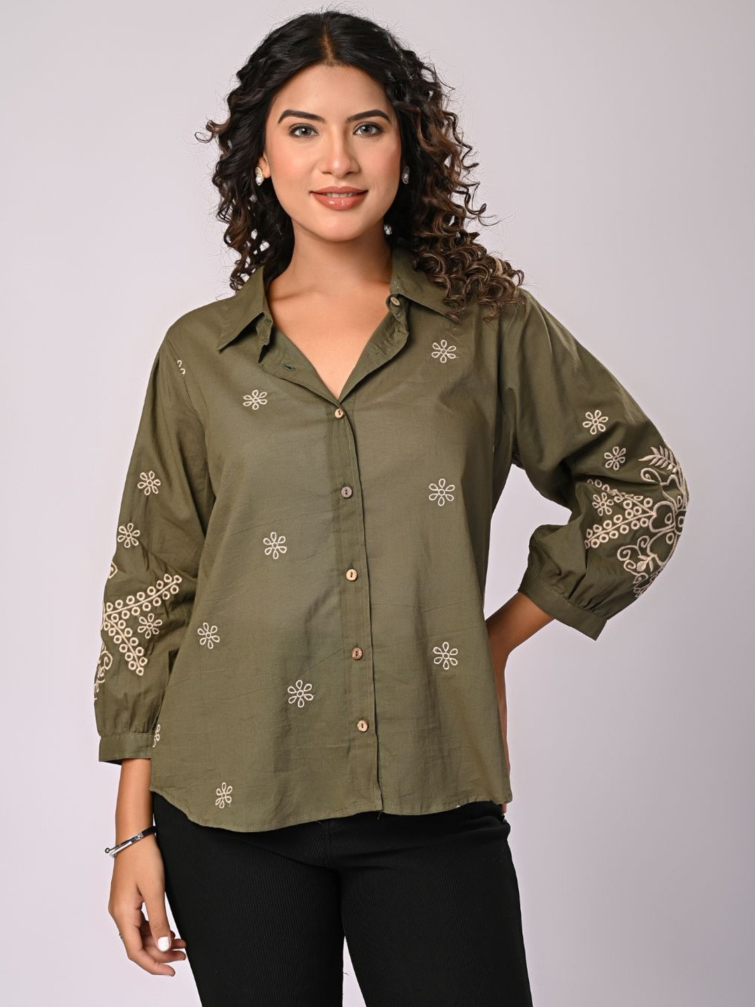 Zolo Label Floral Embroidered Ethnic Cotton Shirt