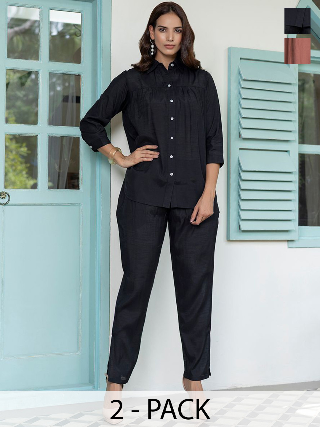 TITTLI Women Pack Of 2 Frail Pattern Shirt And Trousers Co-Ord Set