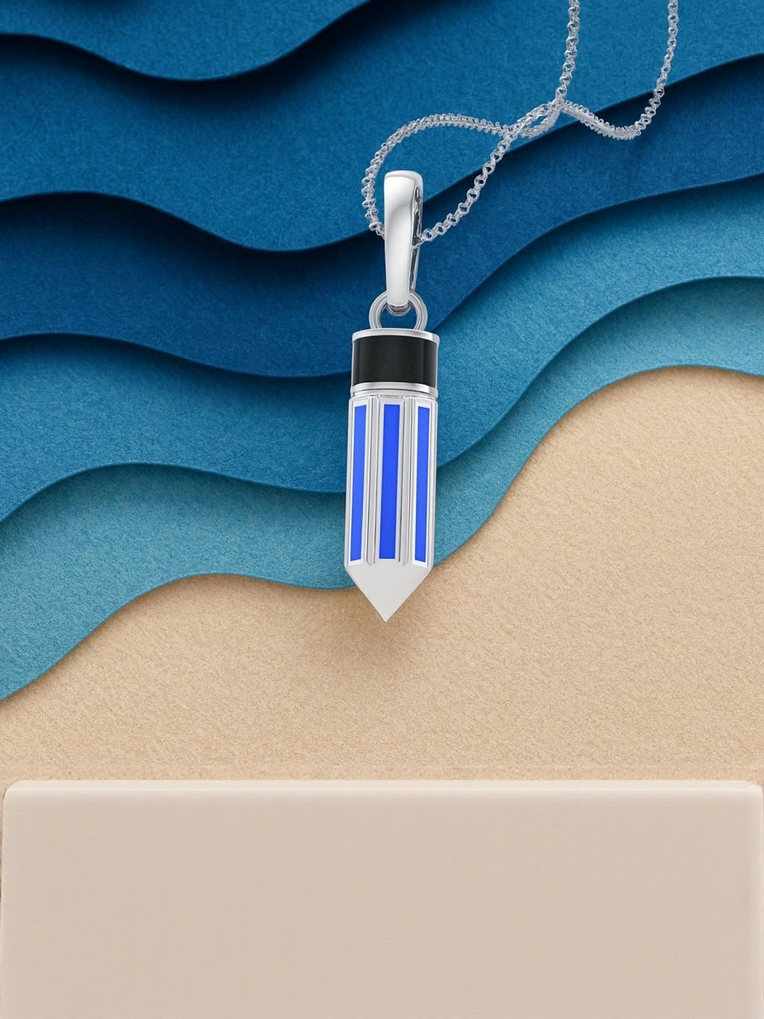 925 SILLER 925 Sterling Silver Rhodium-Plated Enamelled Pencil Shaped Pendant With Chain
