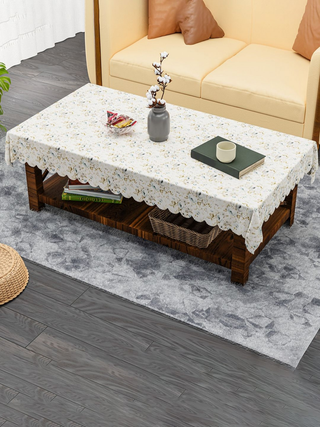 HOMESTIC Cream And Beige Floral Printed Anti-Skid Jute 4-Seater Table Cover