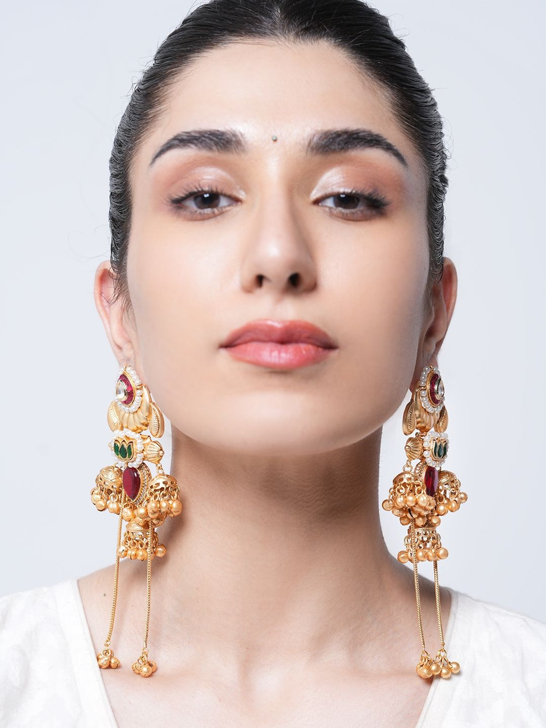 CAO Jewellery Artificial Stones Studded & Ghungru Beaded Dome Shaped Jhumkas