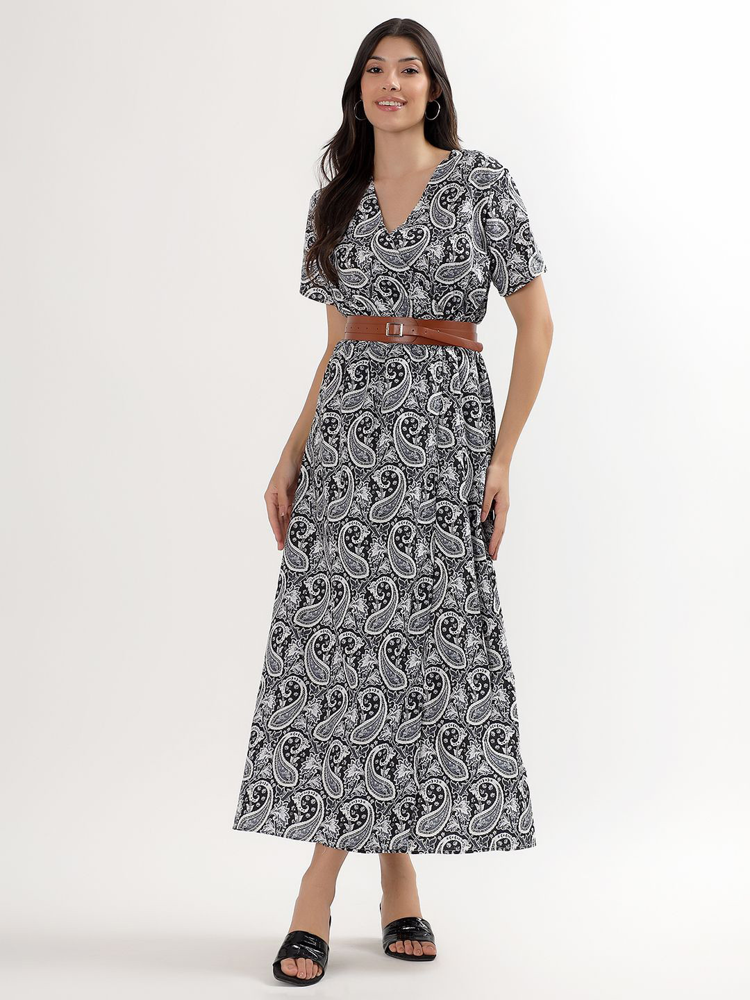 PELLE LUXUR Floral Printed Belted A-Line Midi Dress