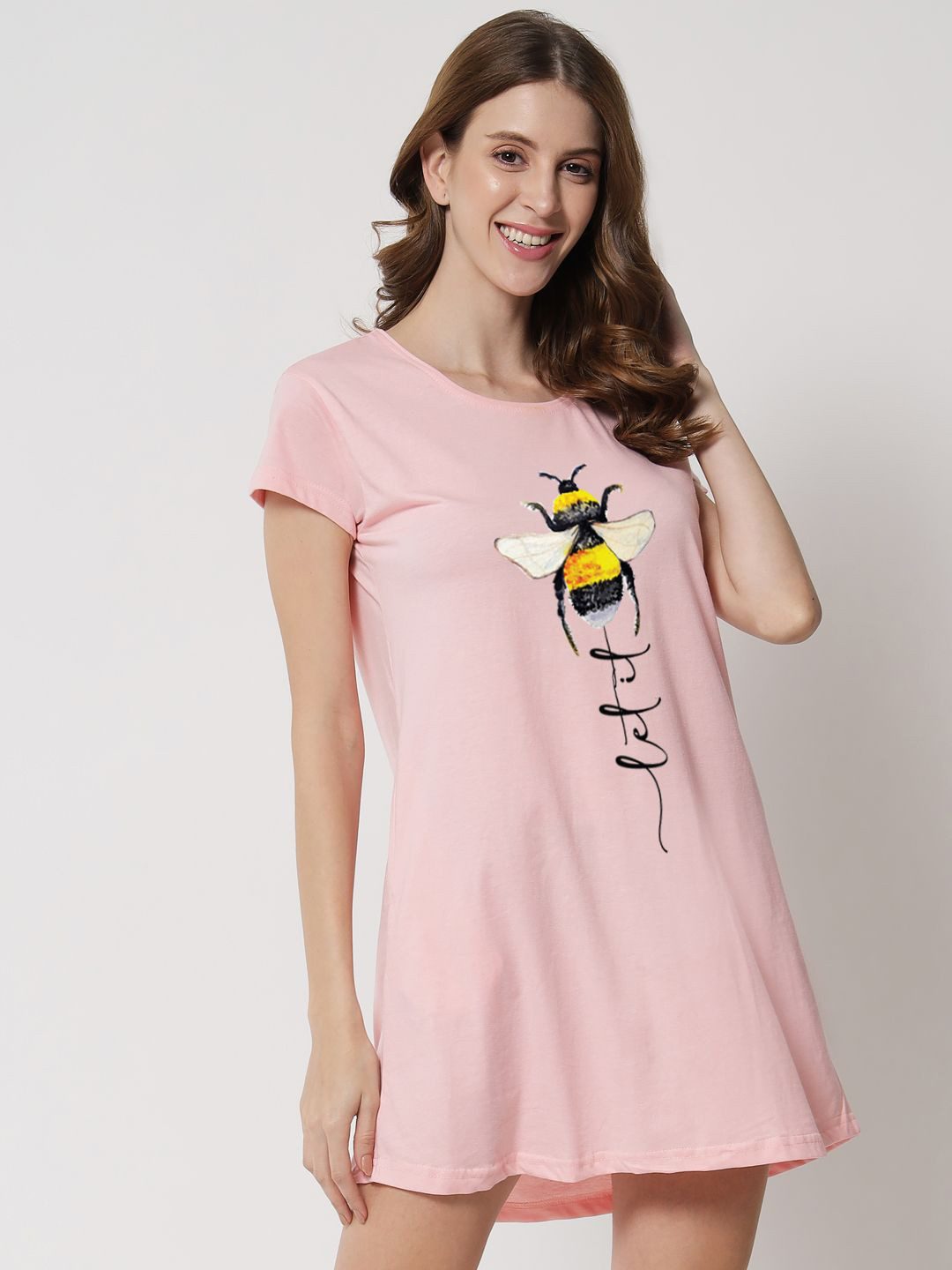 FFLIRTYGO Women Pure Cotton Pink Printed Nightdress