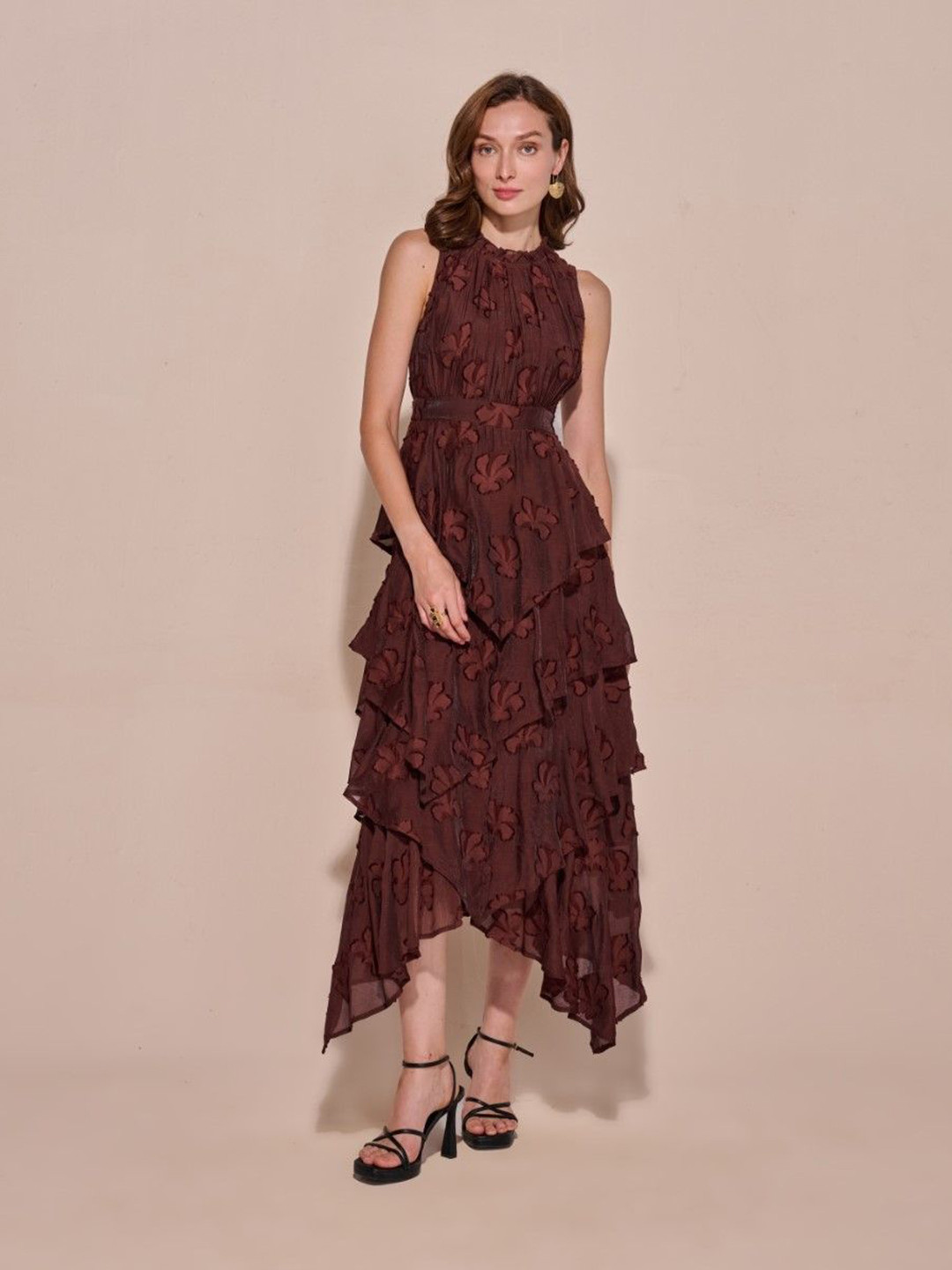 Style Island Giselle Floral Self Design Cotton Jacquard Layered Fit & Flare Midi Dress