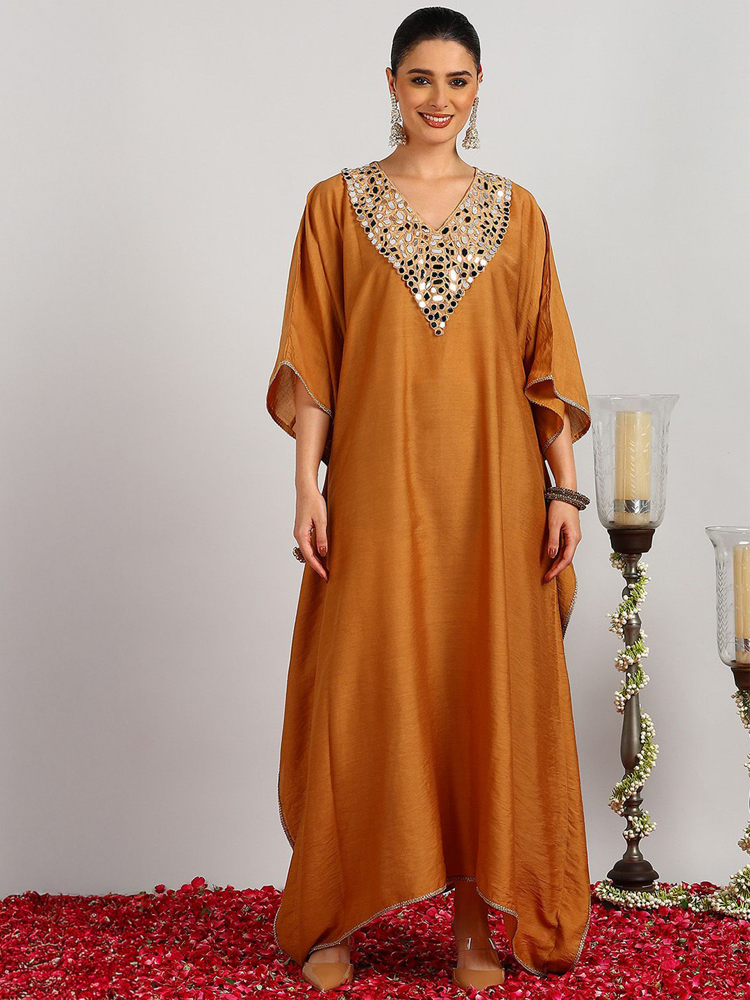 Tahiliya Women Embellished Kimono Sleeve Chanderi Silk Kaftan Maxi Dress