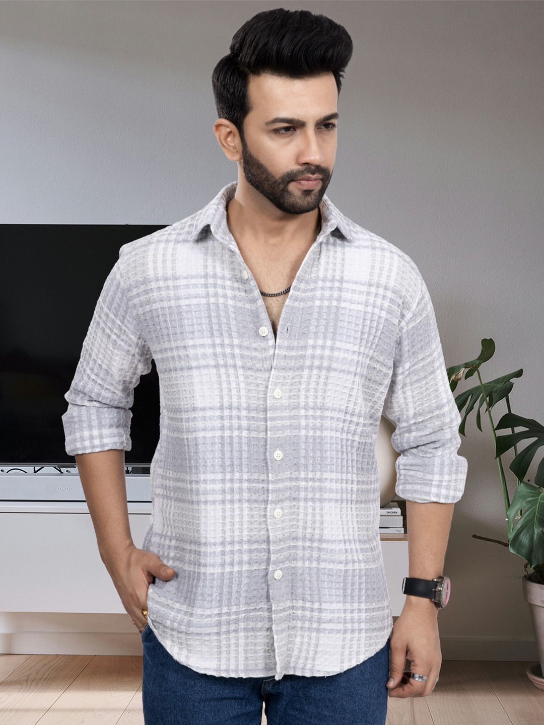 D Finish Checked Long Sleeves Cotton Oversized Shirt