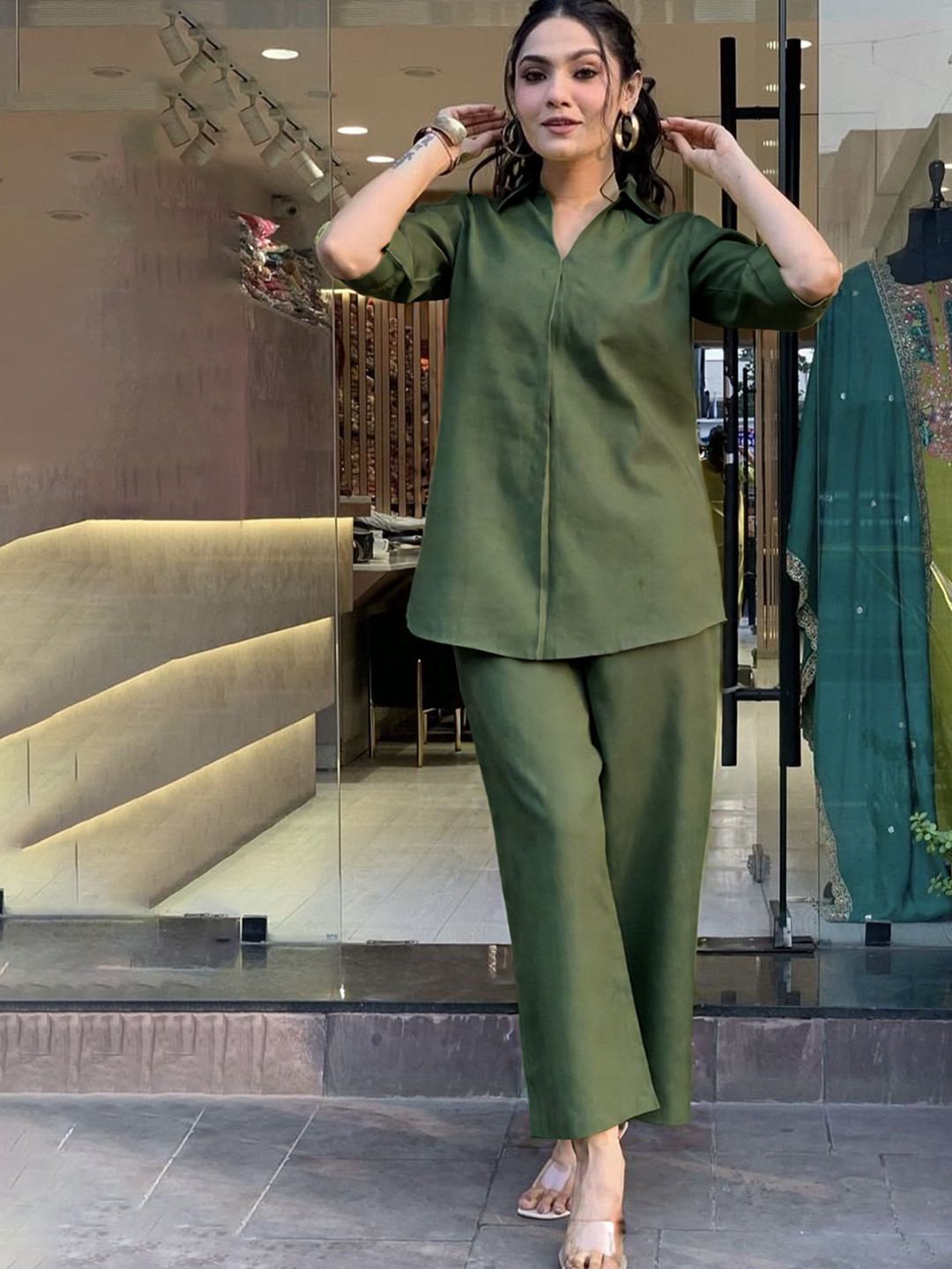 ALLEN WEAVE Shirt Collar Top With Trousers