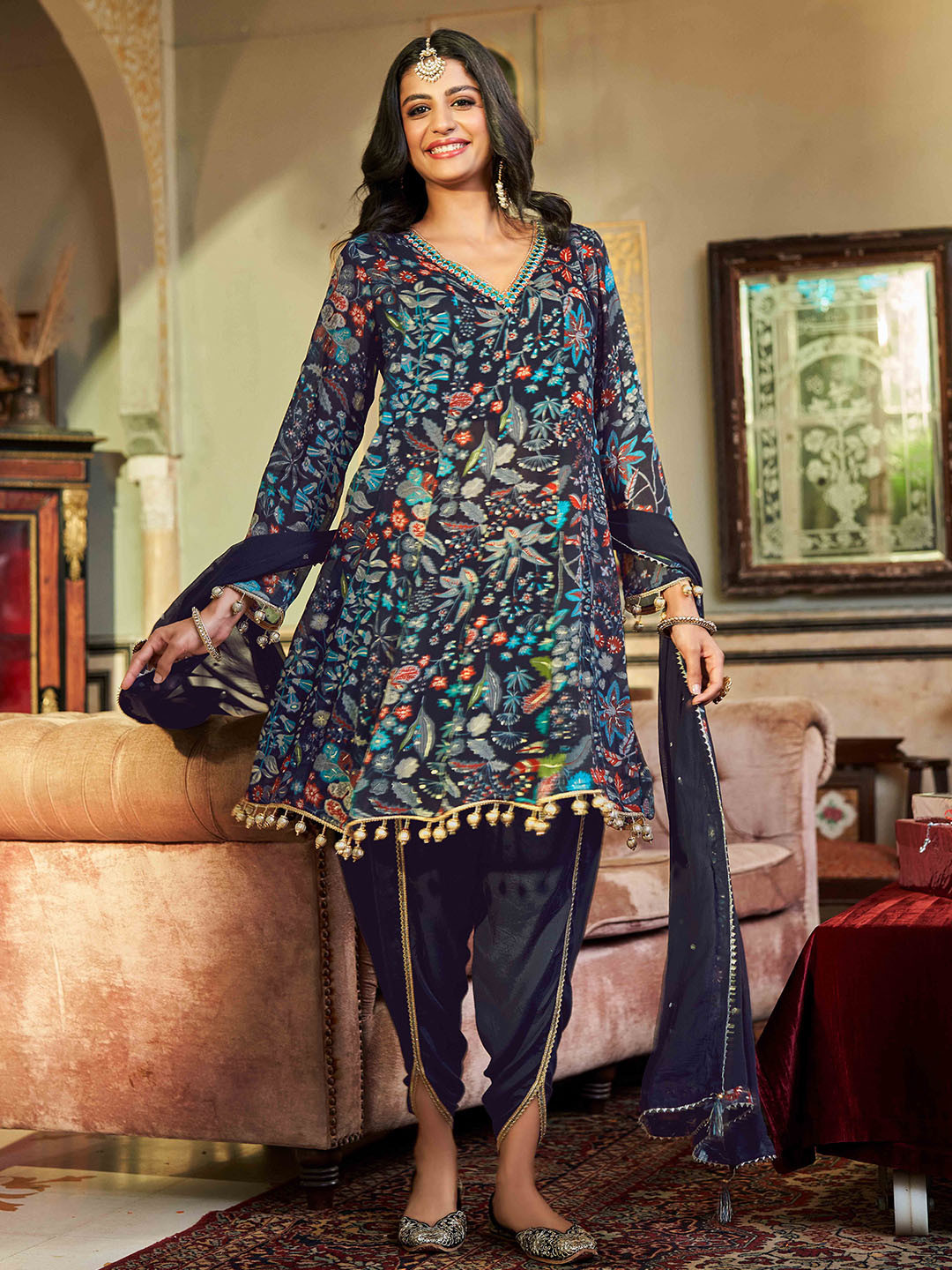 House of Pataudi Women Floral Printed Mirror Work Kurta with Dhoti Pants & Dupatta