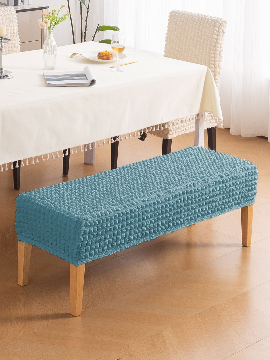 HOKIPO Aria Nova Tropical Teal 280 GSM Stretchable Bubble Medium Dining Bench Cover