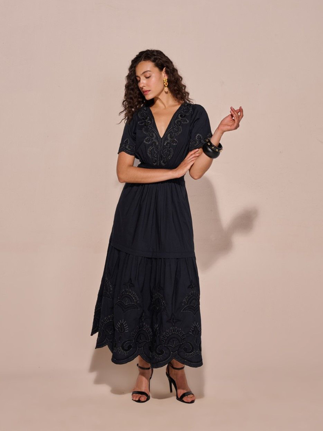 Style Island Self Design Embroidered Fit and Flare Maxi Dress