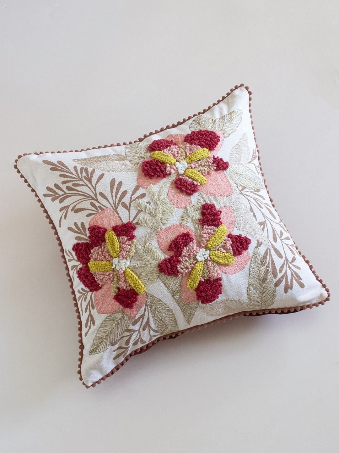 The Wishing Chair White & Red Floral Embroidered Cotton Square Cushion Cover