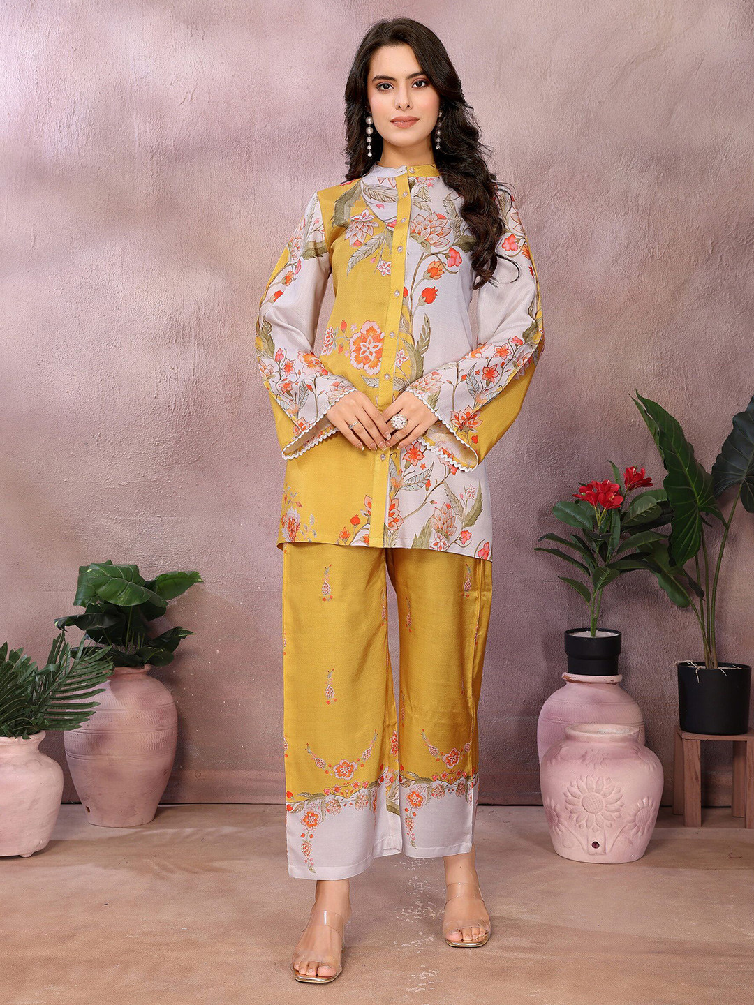 Bhageerath Couture Printed Band Collar Pure Muslin Tunic With Palazzo