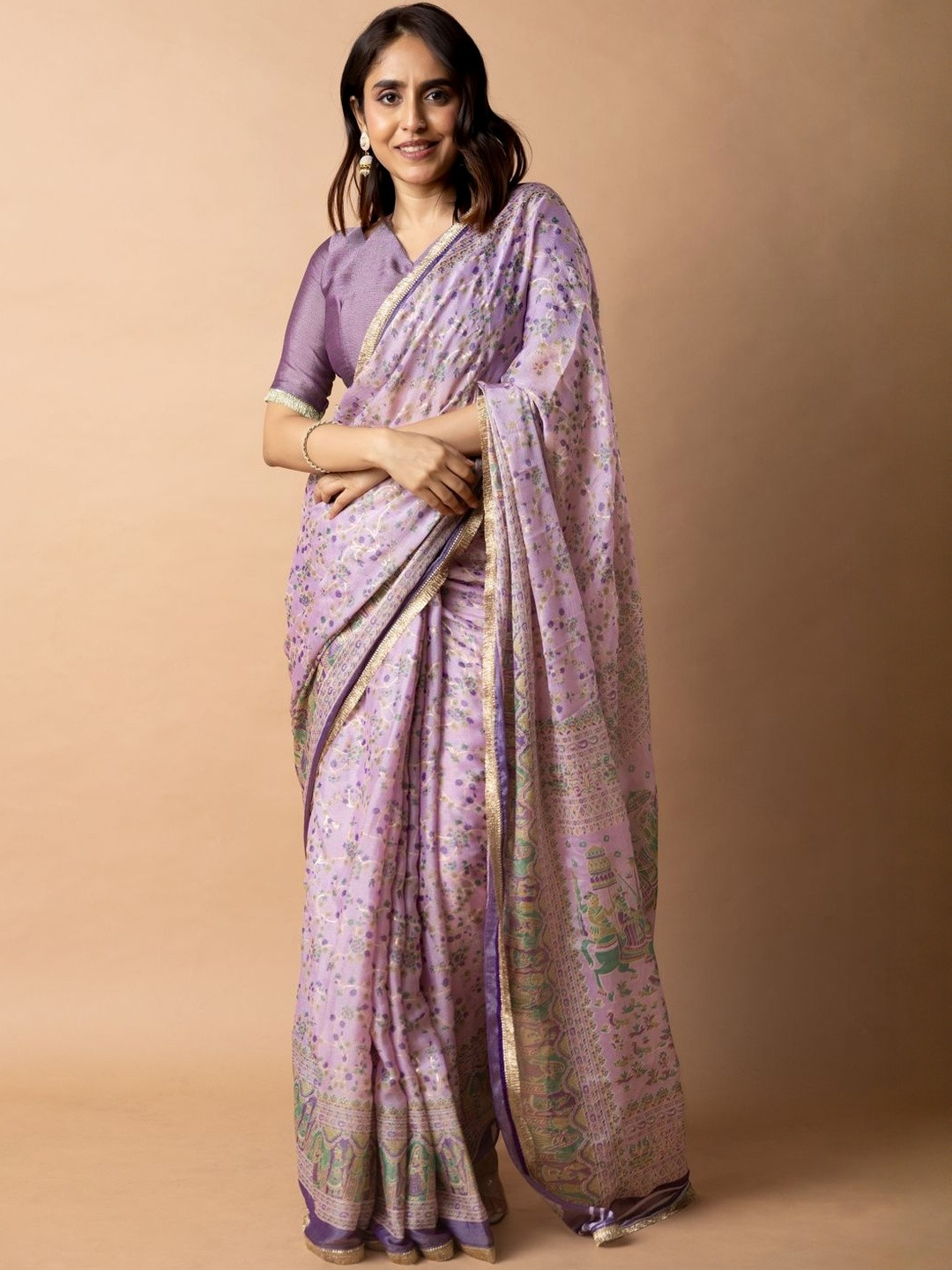 MIRCHI FASHION Floral Printed Zari Saree With Unstiched Blouse Piece
