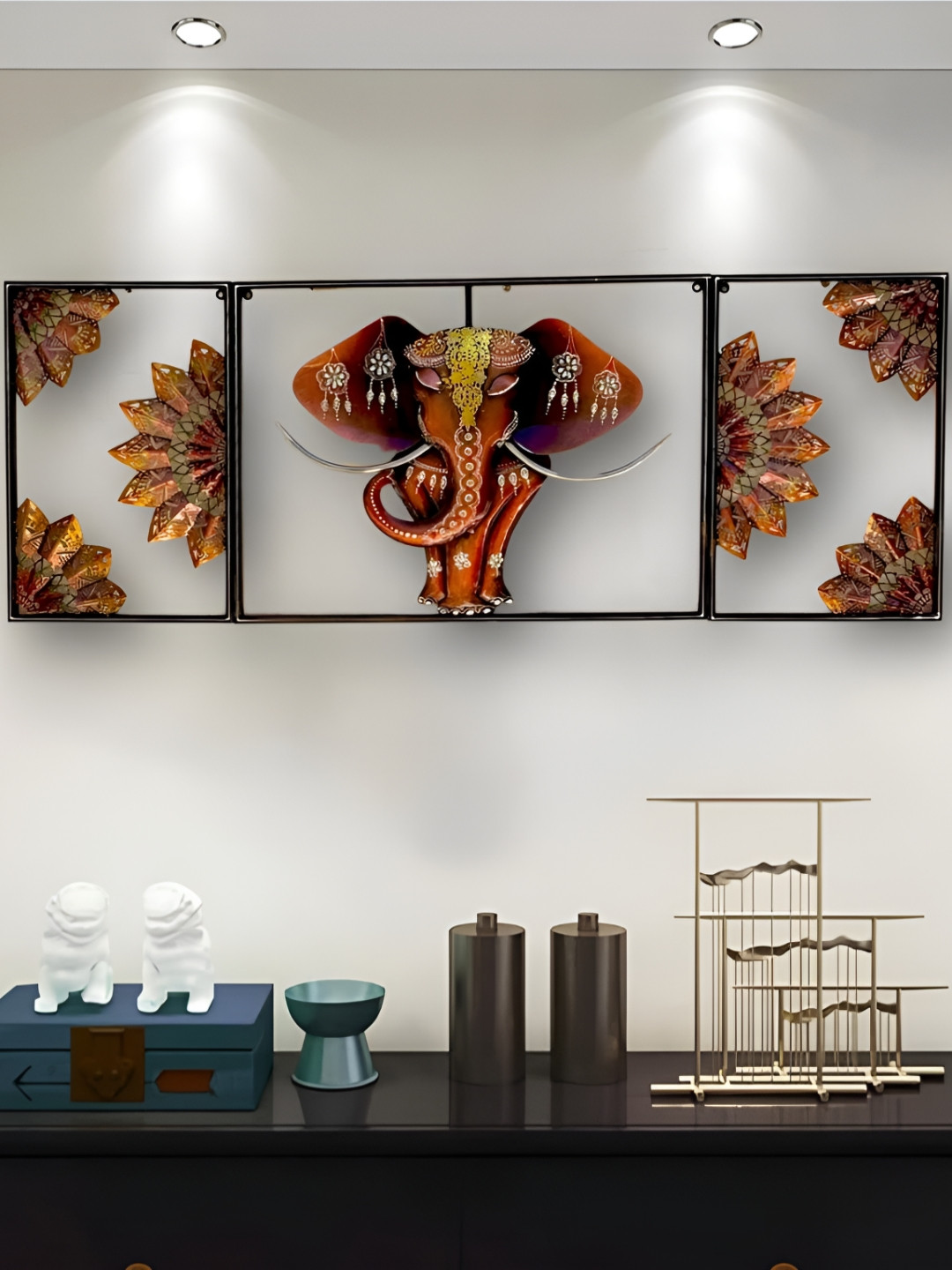 ANSHIKA INTERNATIONAL Red & Yellow 3 Pieces Elephant & Leaves Wall Frames