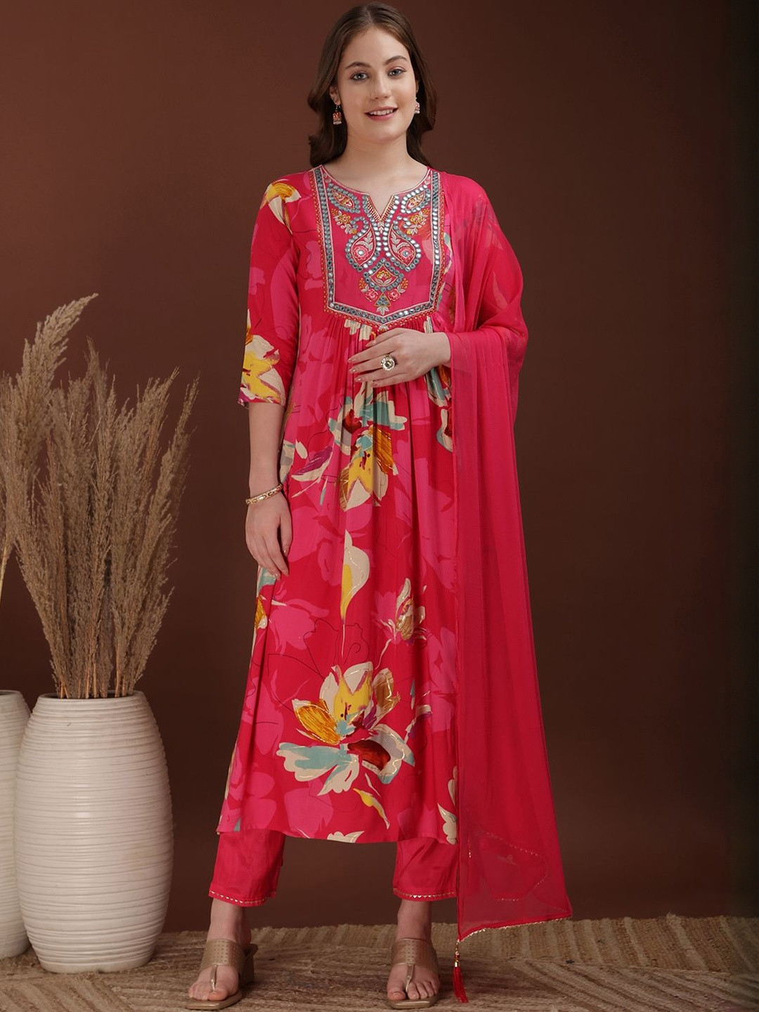 KALINI Floral Printed A-Line Mirror Work Kurta With Trouser & Dupatta