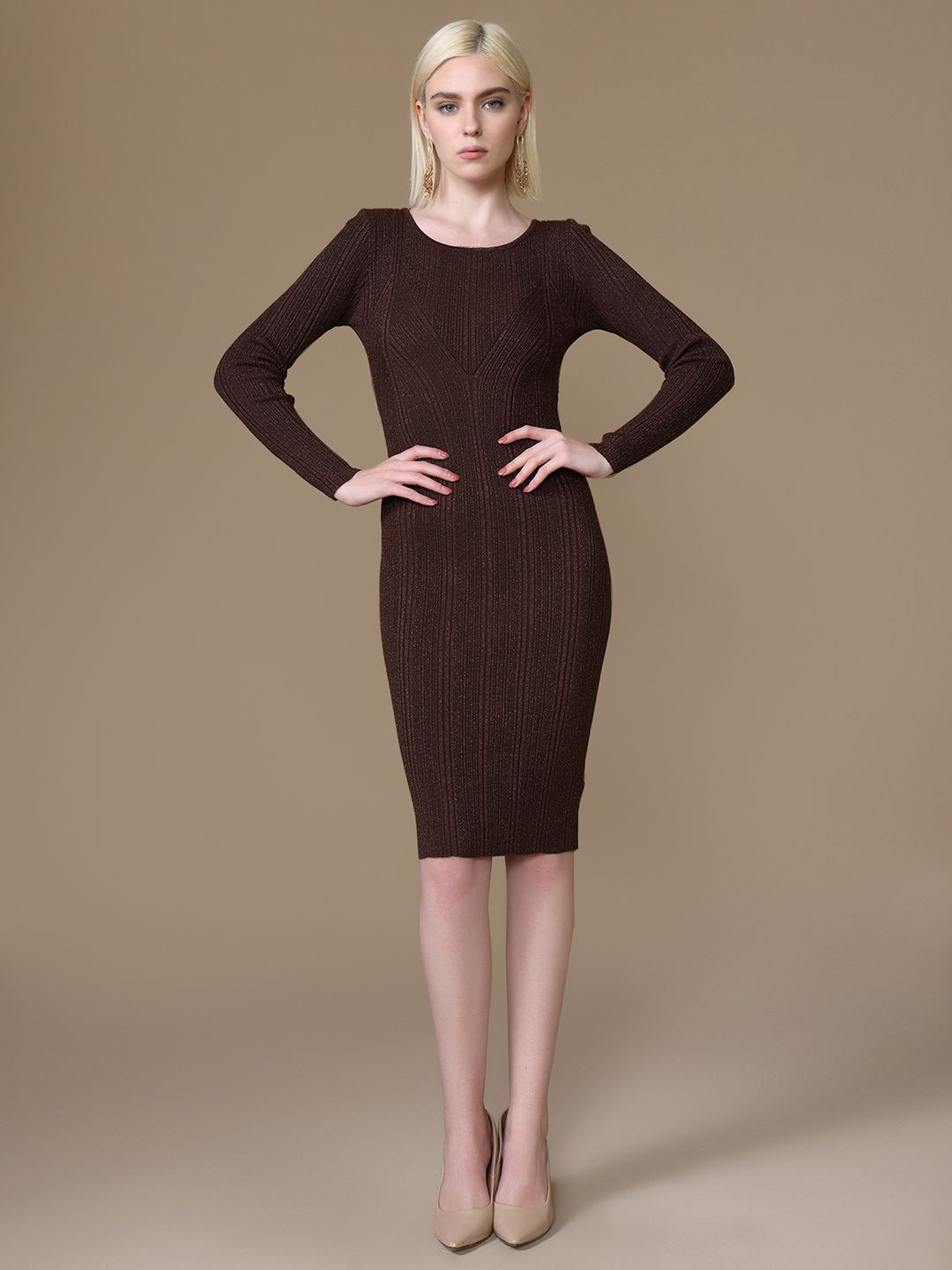 Kazo Self Design Bodycon Winter Midi Dress