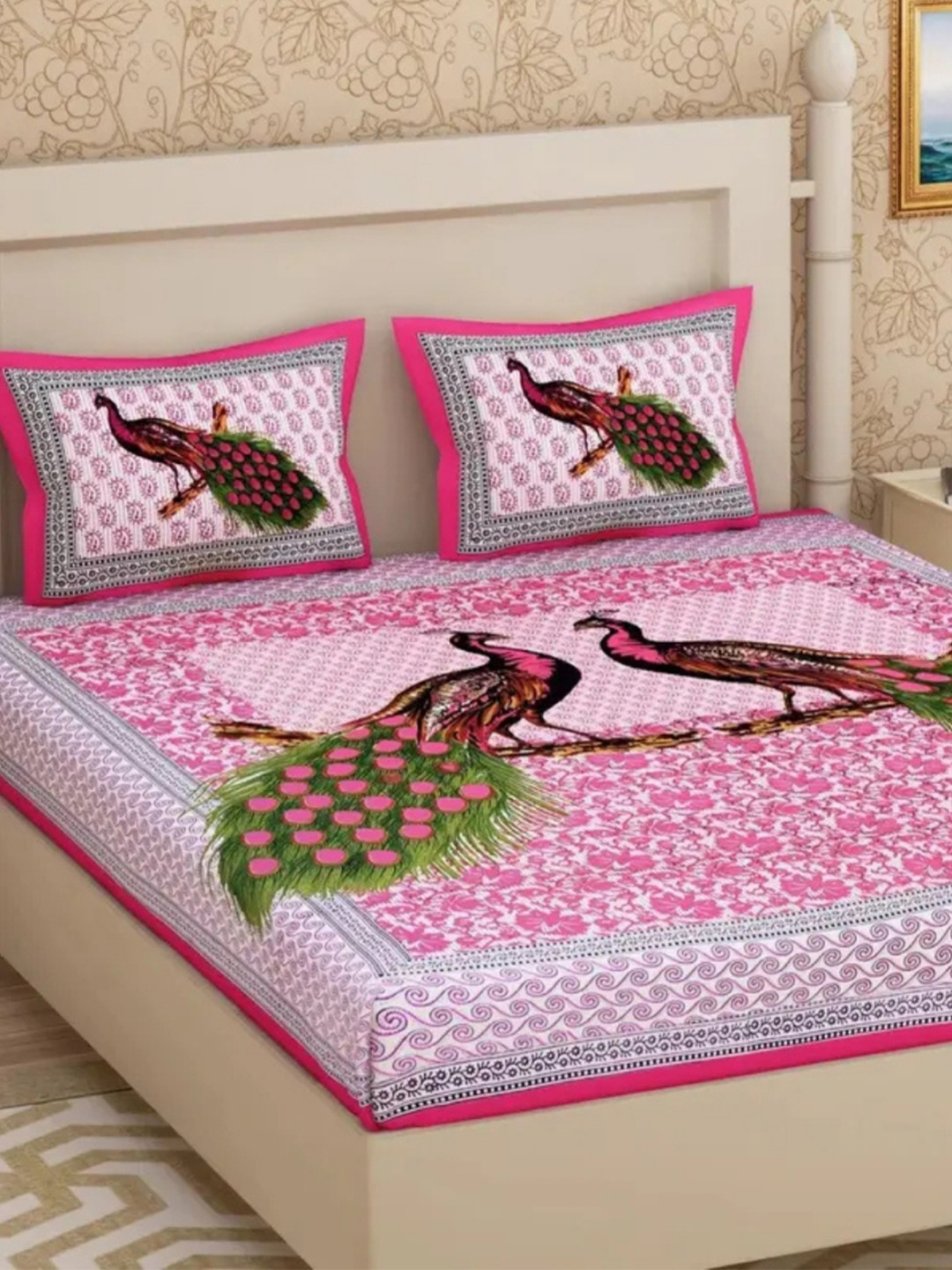 POORAK Pink & Green Ethnic Motifs 104 TC King Bedsheet Set  0.9 mx 1 m