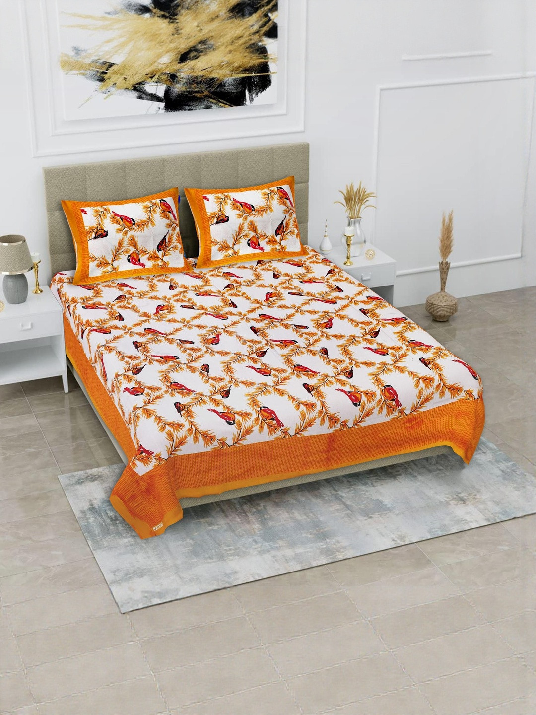 Dhawariya's Orange Floral Printed Cotton Easy Care 144 TC Double Bedsheet 2.28 M x 2.54 M